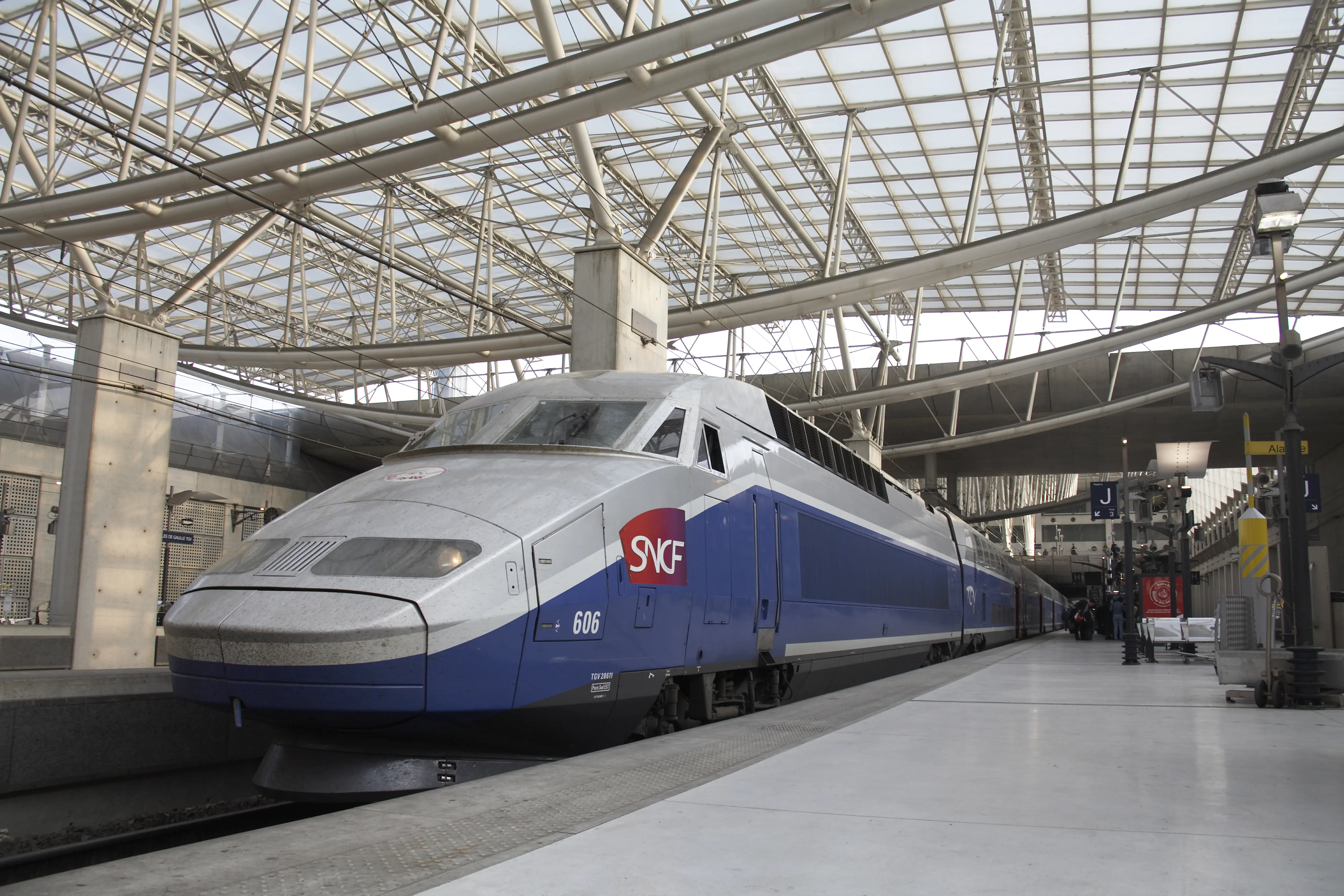 Image of a train at Charles De Gaulle airport in Paris.