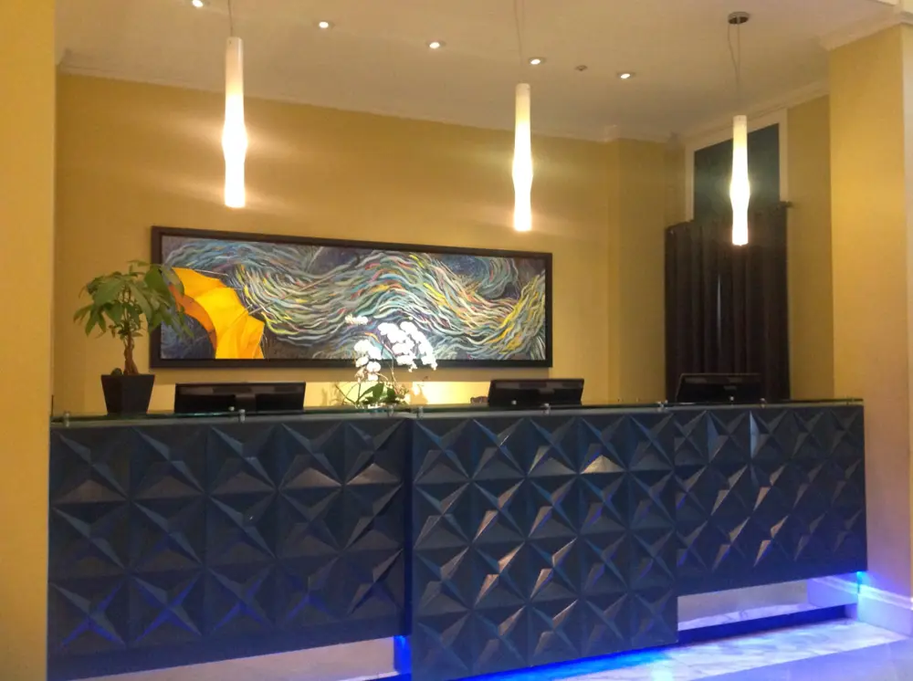 Front desk, registration, desk, art, lamp