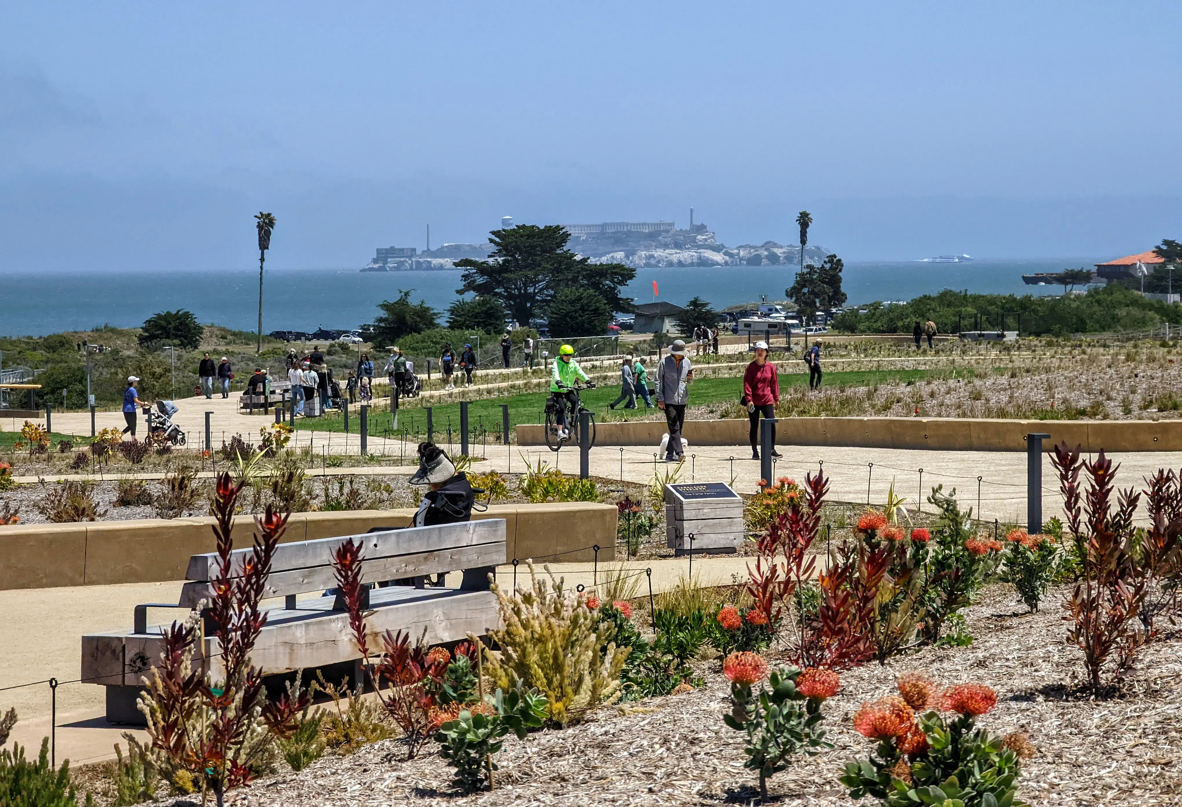 Image of Presidio Tunnel Tops Park in San Francisco, California, with Alcatraz visible in the distance.
