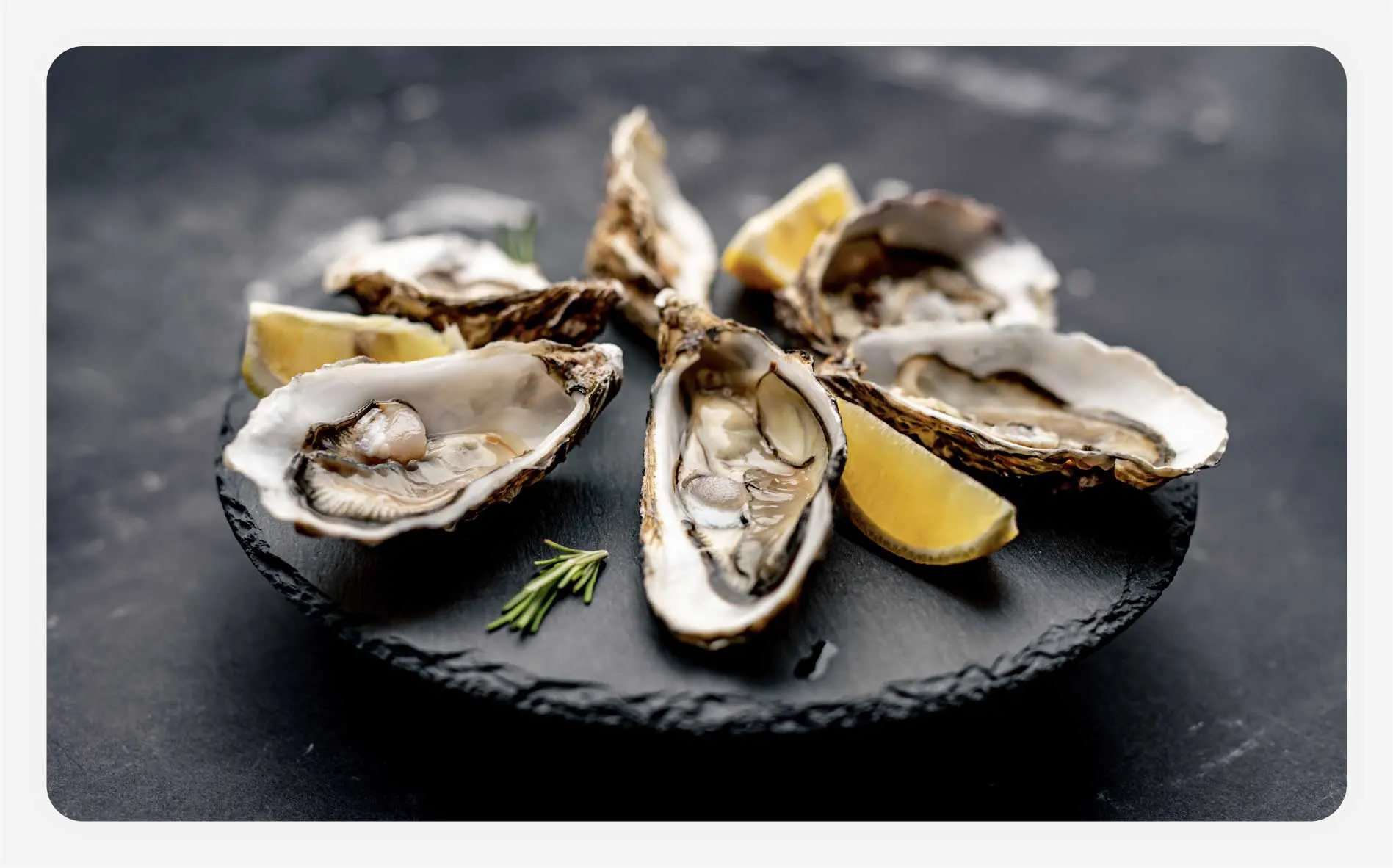 A plate of freshly cracked oysters and lemons.