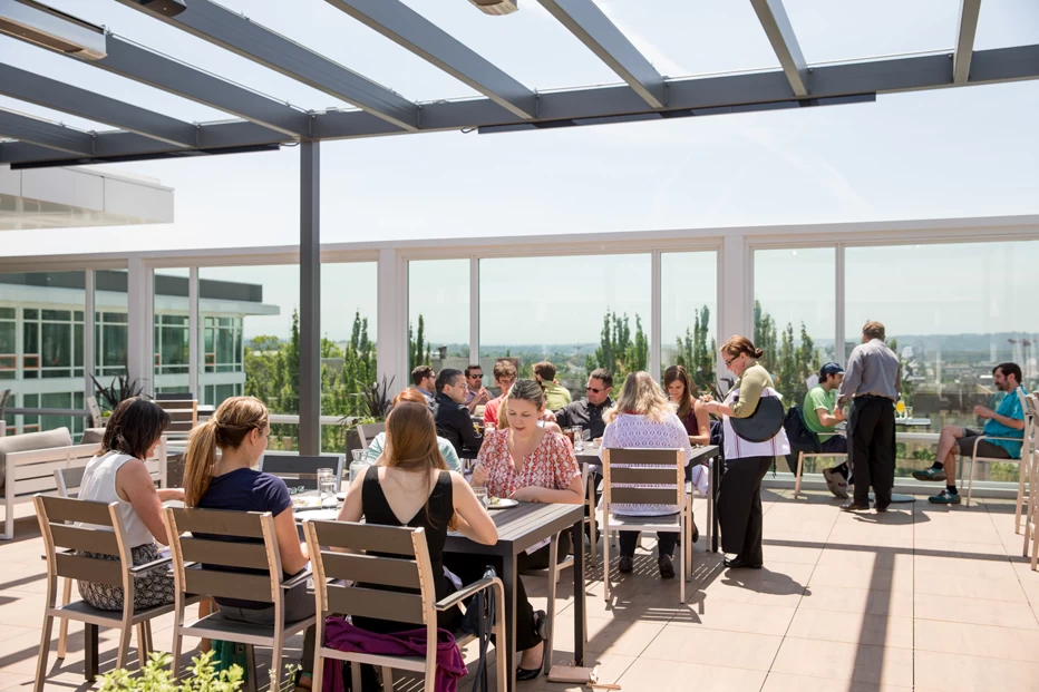 Rooftop restaurant and view at Altabira City Tavern in Portland, Oregon