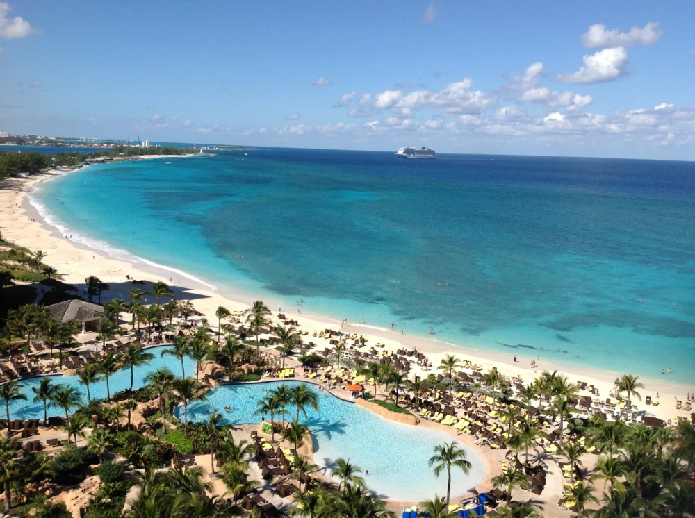 Pool, beach, cruise ship, palm trees, sea, sky