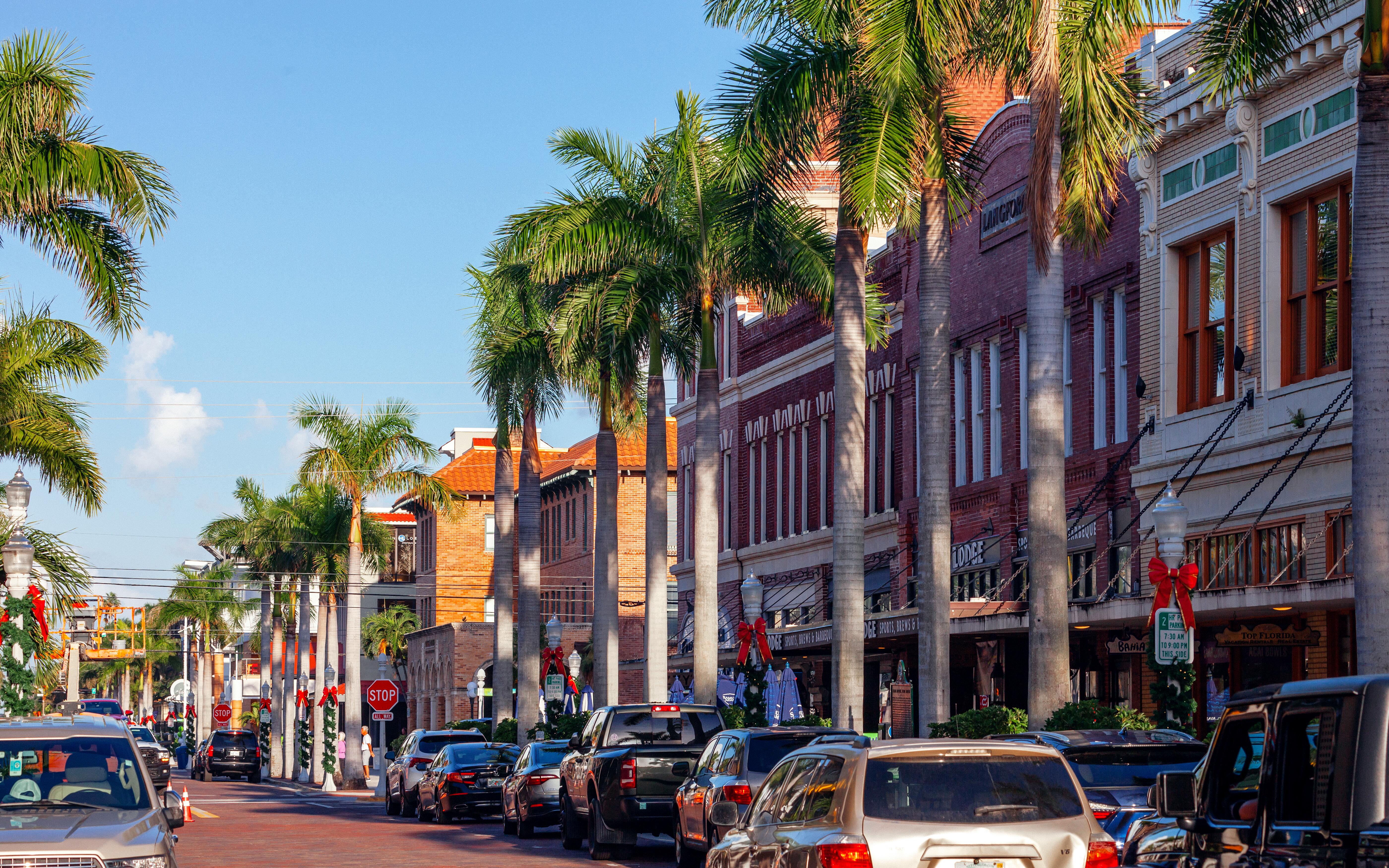 Street view during Christmas time of Historic River District in Fort Myers, Florida