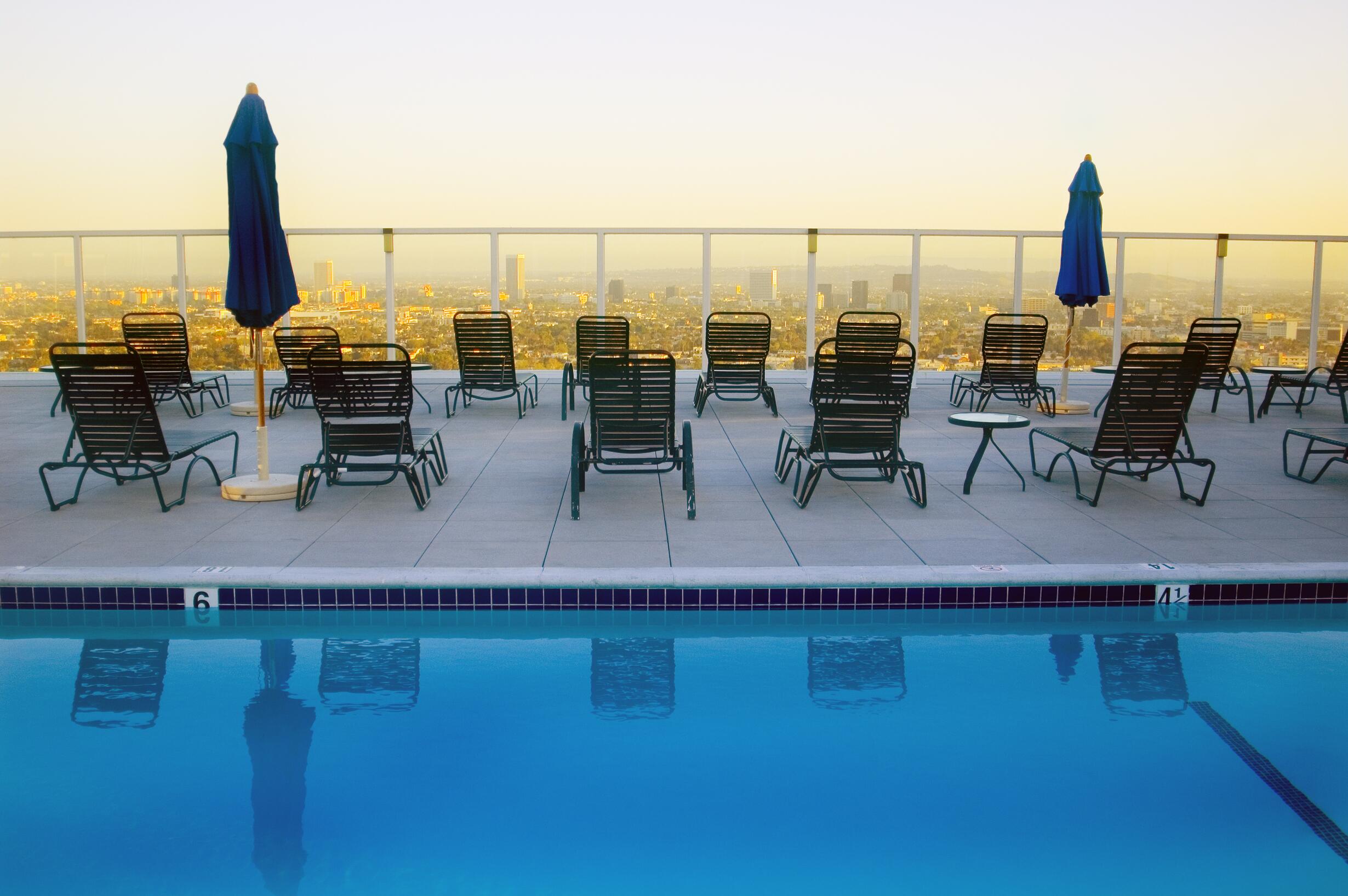Rooftop pool with view of Hollywood cityscape, Los Angeles