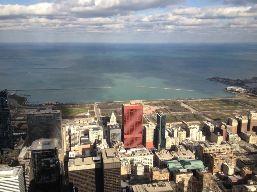 View from Skydeck Chicago of the city skyline and Lake Michigan