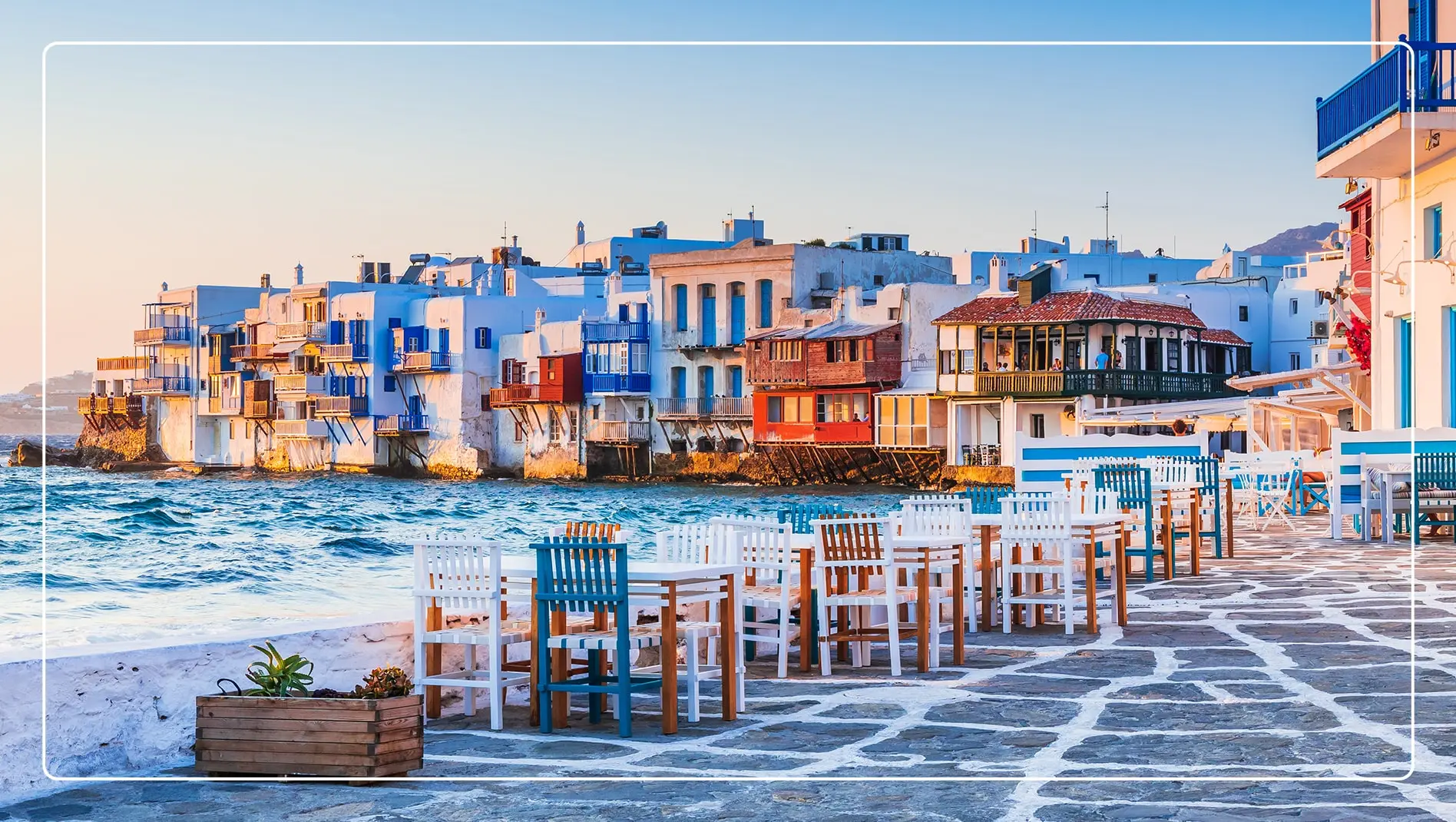 A colorful beach view in Mykonos, Greece.