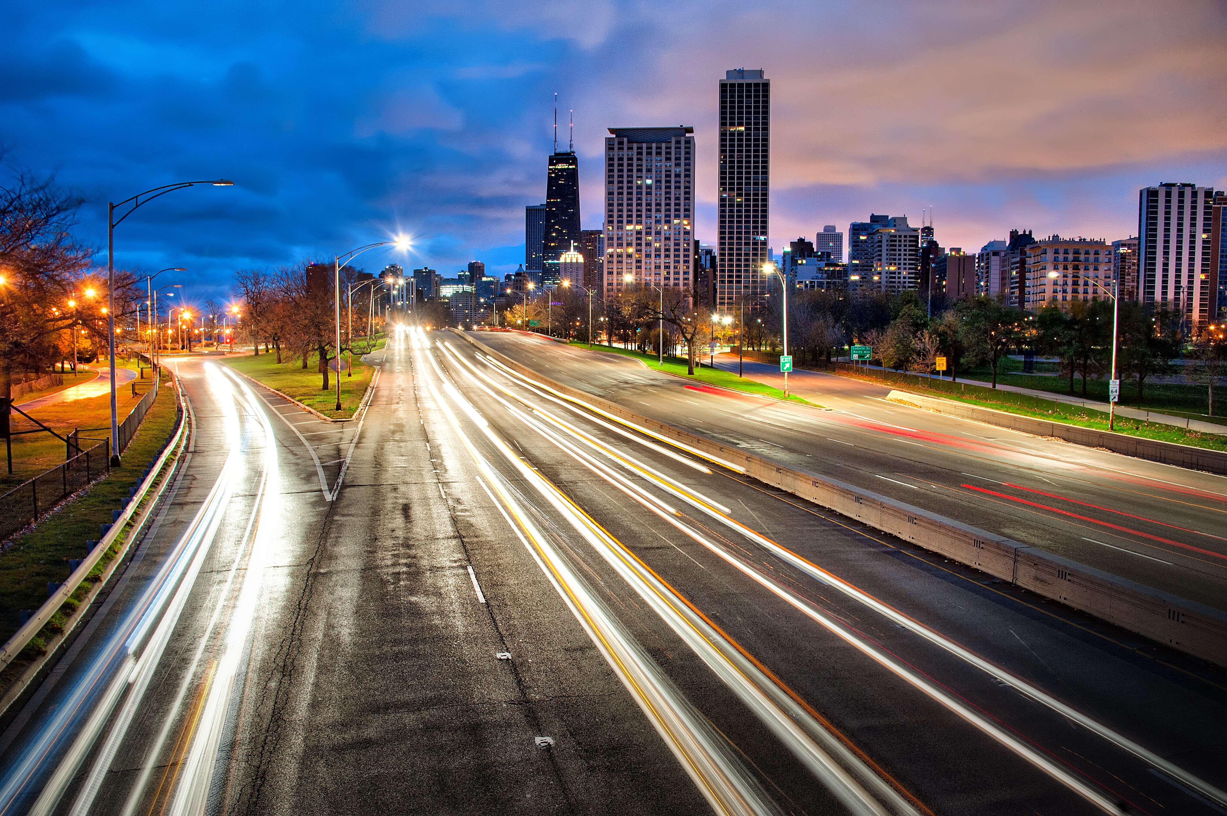 Image of Lake Shore Drive in Chicago Illinois, at dusk.