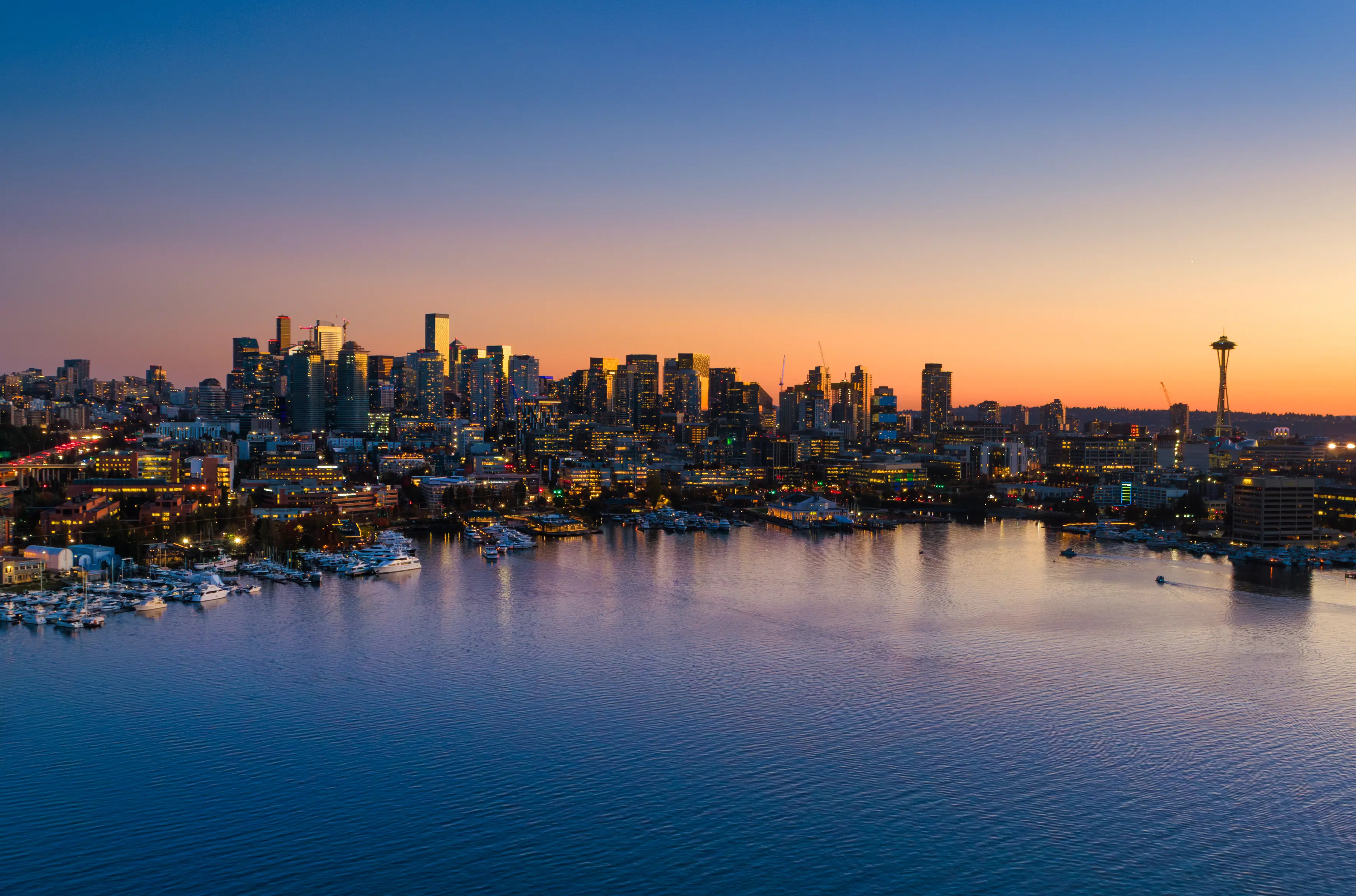 Aerial of Lake Union, in Seattle, Washington.