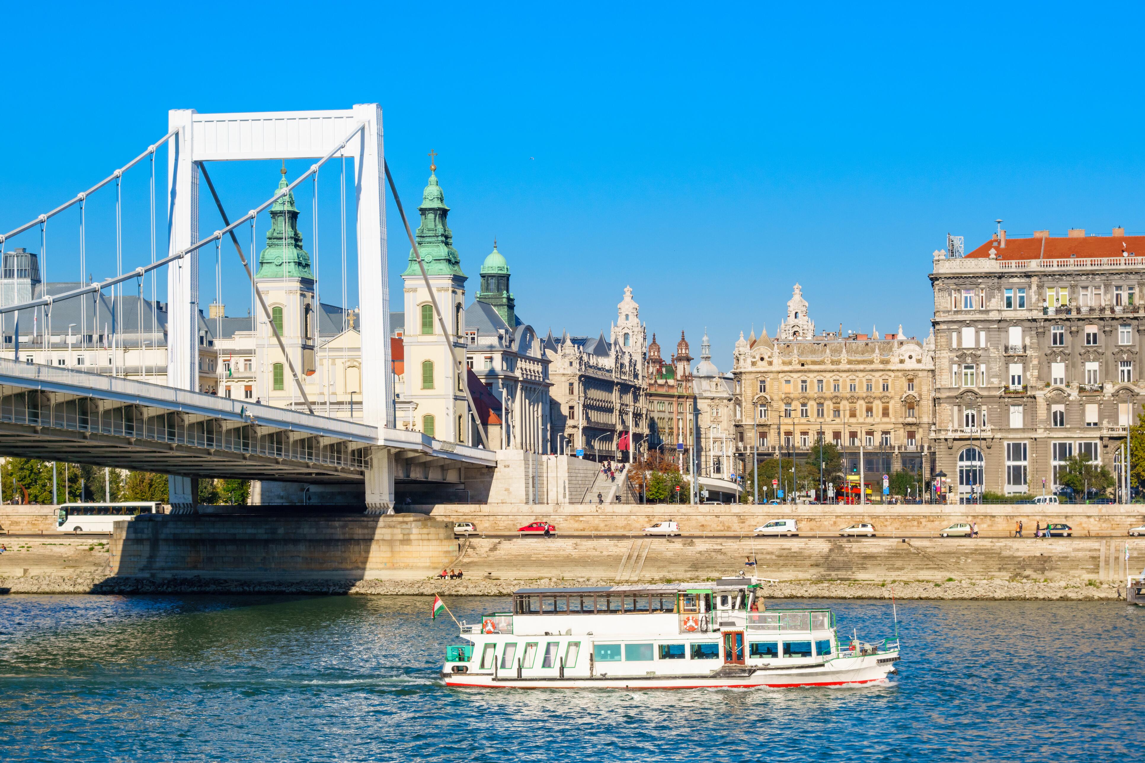 Danube River Bank and Elisabeth Bridge Budapest Hungary