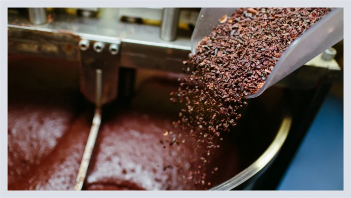 A closeup of cocoa beans being added to a mixture give  a glimpse of the chocolate-making process for a chocolate-making workshop. 