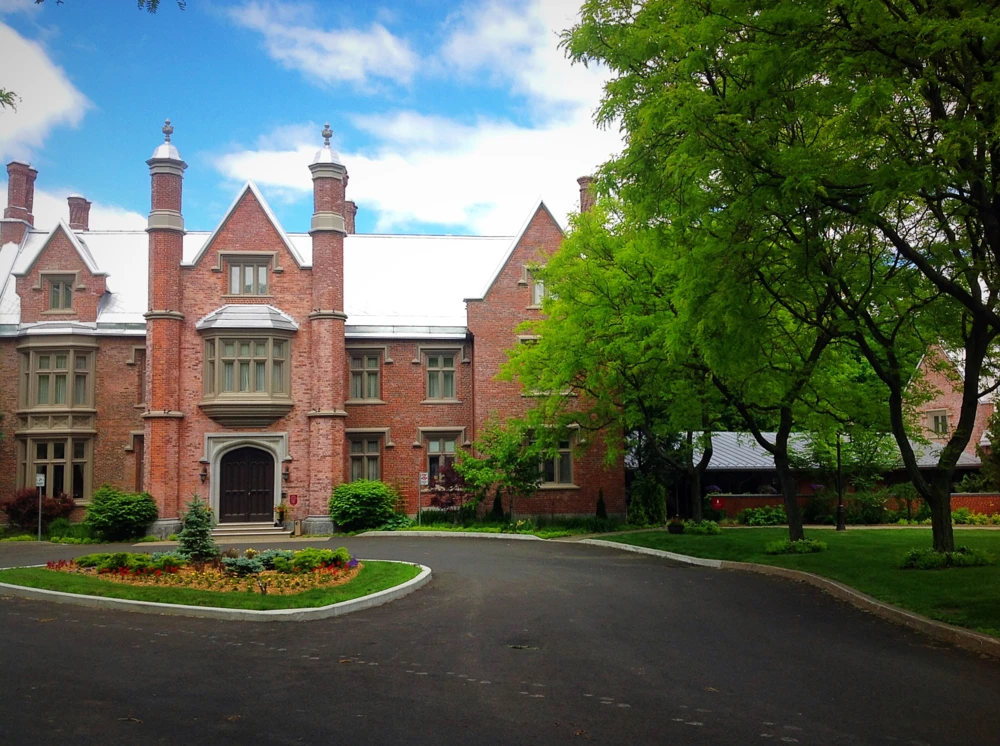 Exterior, English gardens, Victorian, hotel, circular drive, trees, sky, clouds