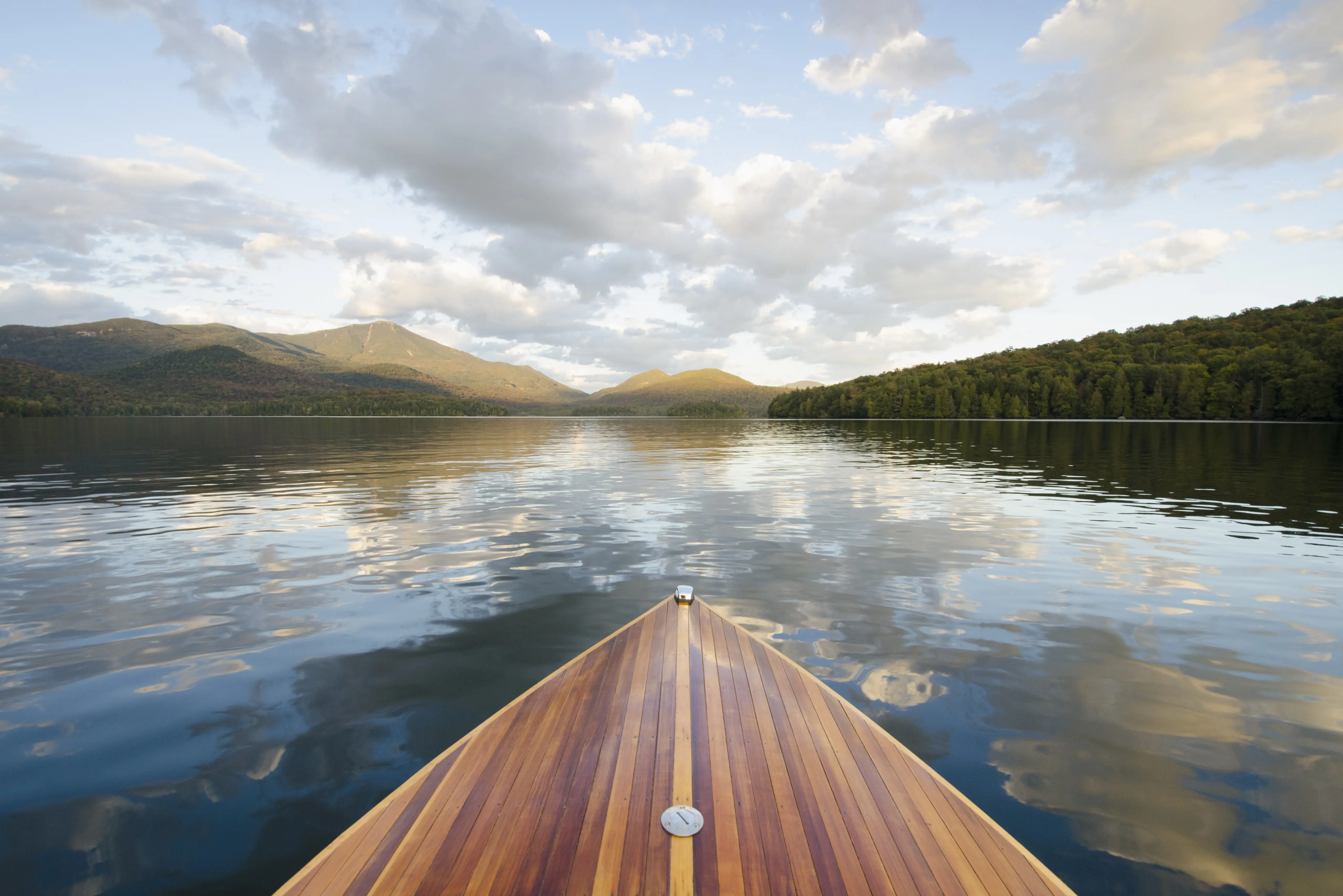 Outdoor shot of a boat on Lake Placid in New York