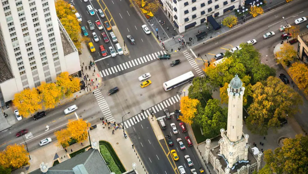 Aerial view of the Magnificent Mile, a popular shopping area in Chicago.