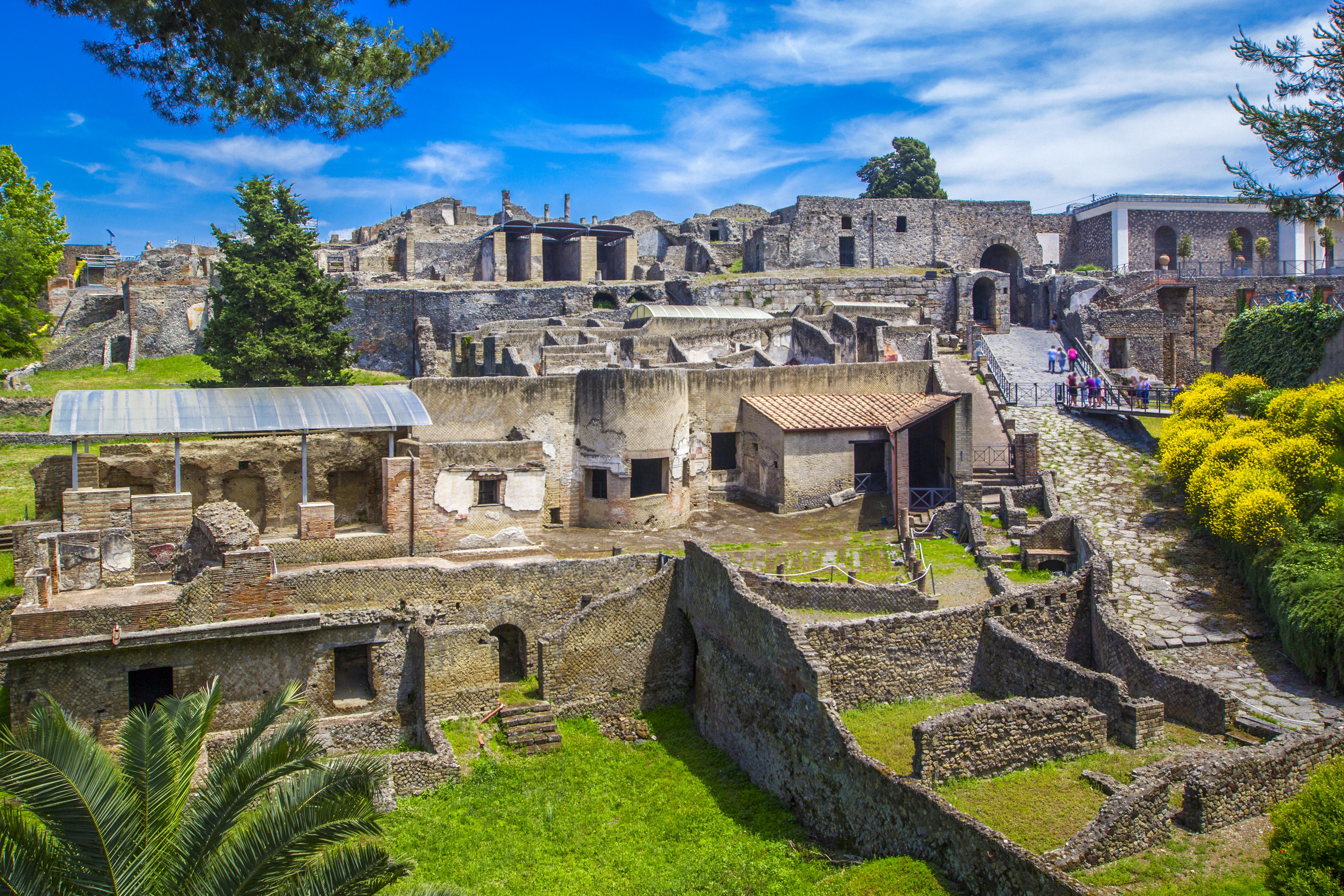 Ancient ruins of city and streets of Pompeii destroyed and buried under volcanic ash during eruption of Mount Vesuvius