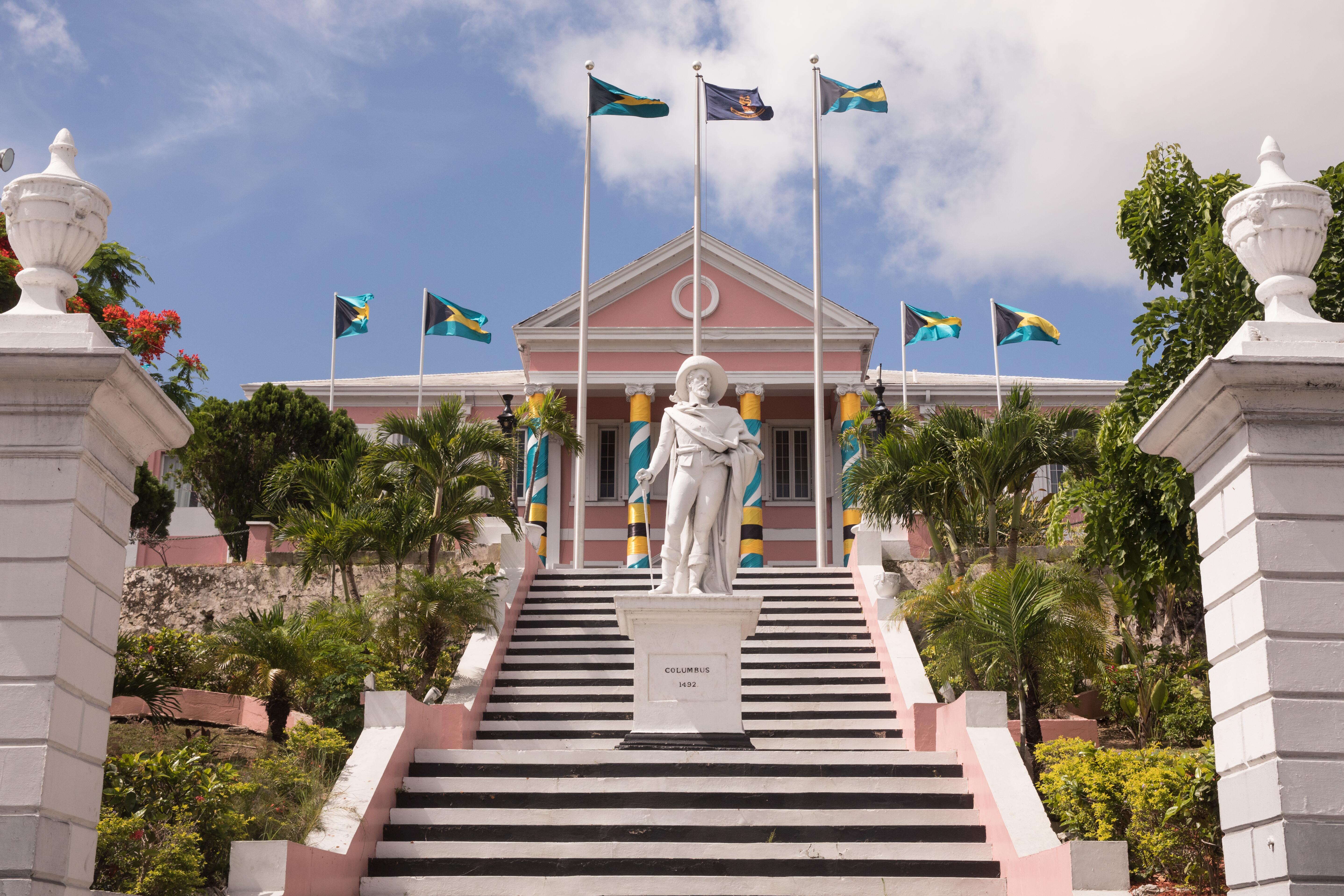 The historic Government House with Columbus monument in Nassau, the capital of the Bahamas.