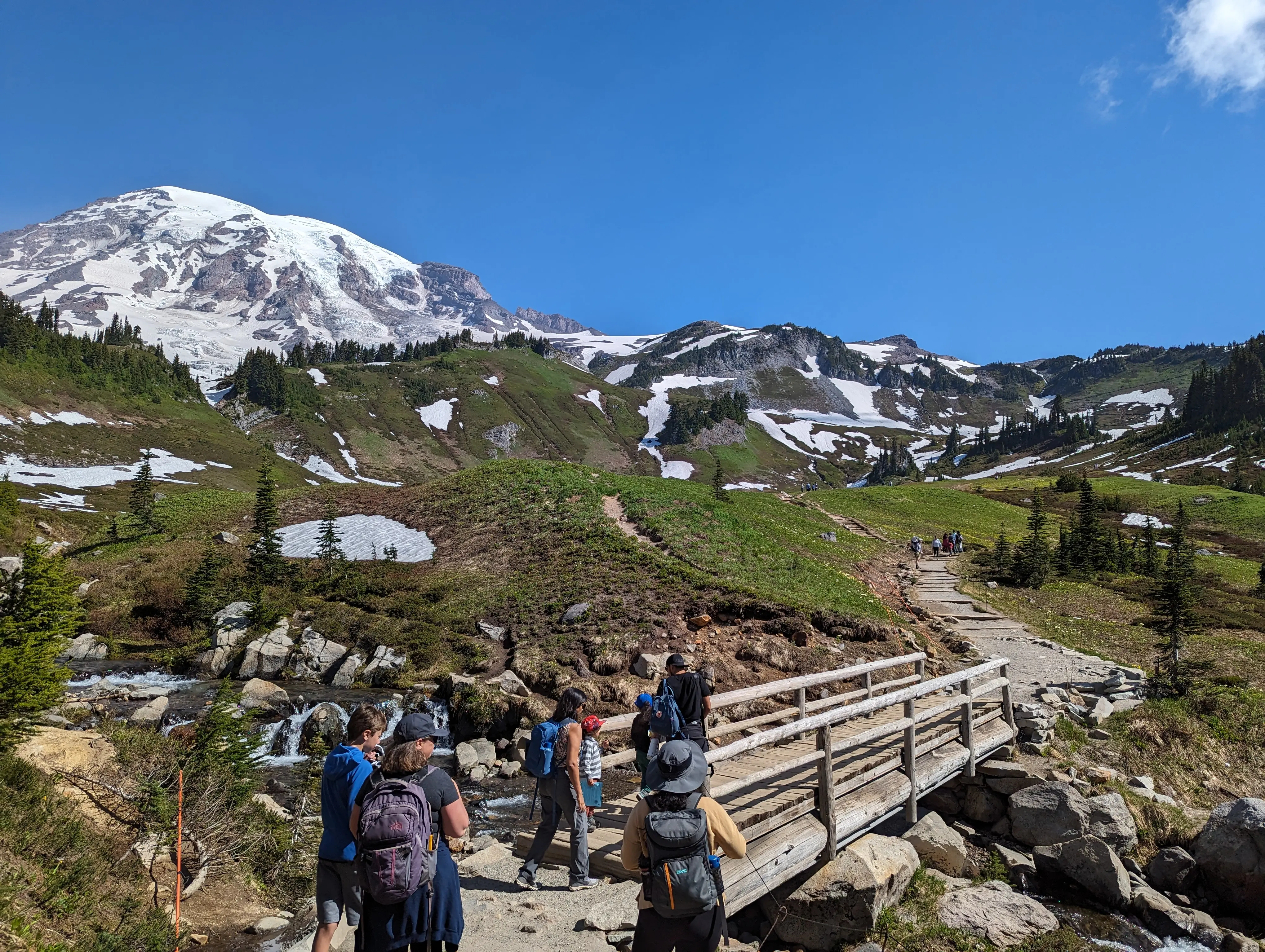 Image of people hiking the Skyline Trail Loop bridge, over Edith Creek at Myrtle Falls in Mount Rainier National Park, Washington.