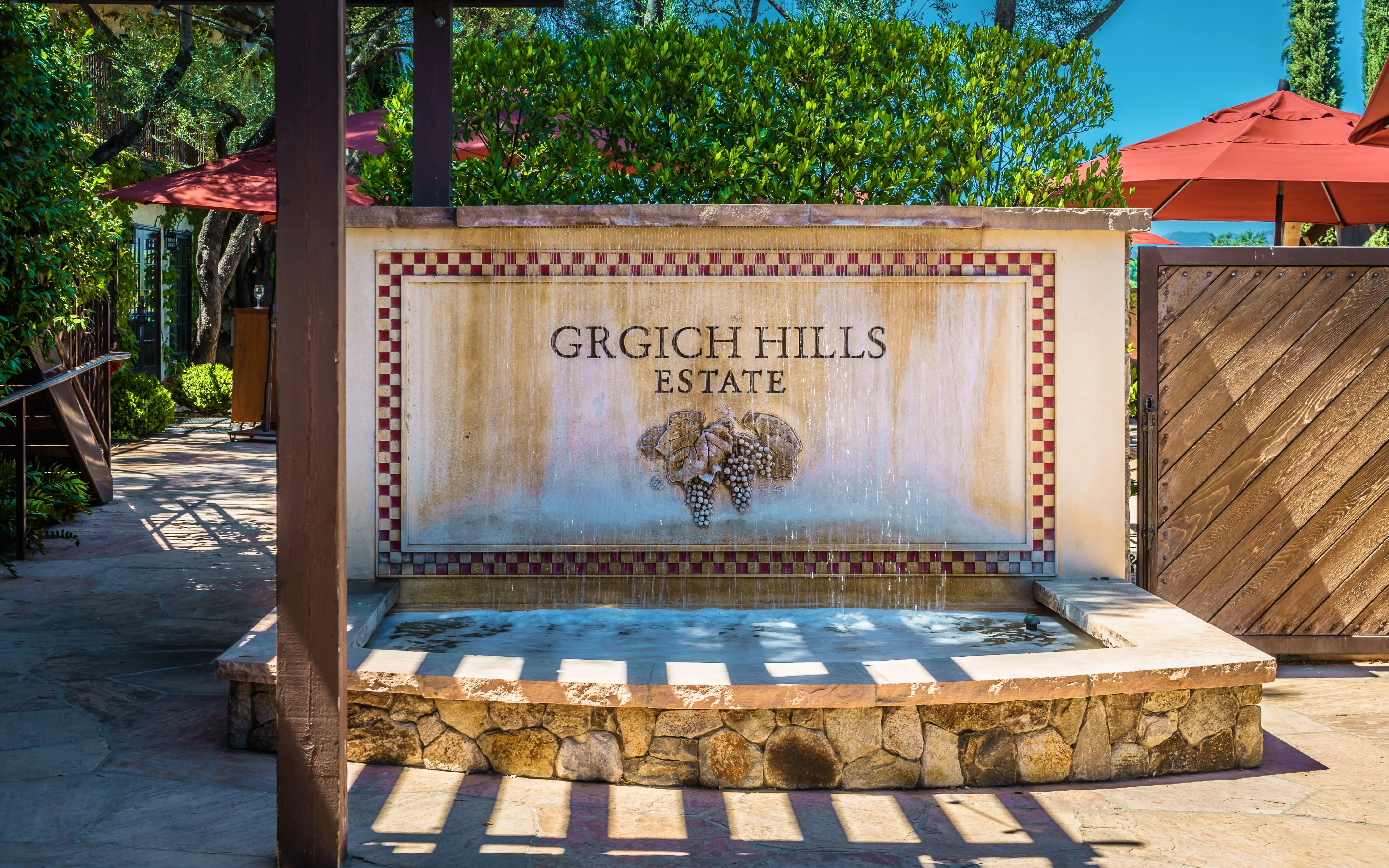 Image of the front sign for Grgich Hills Estate in Rutherford, California.
