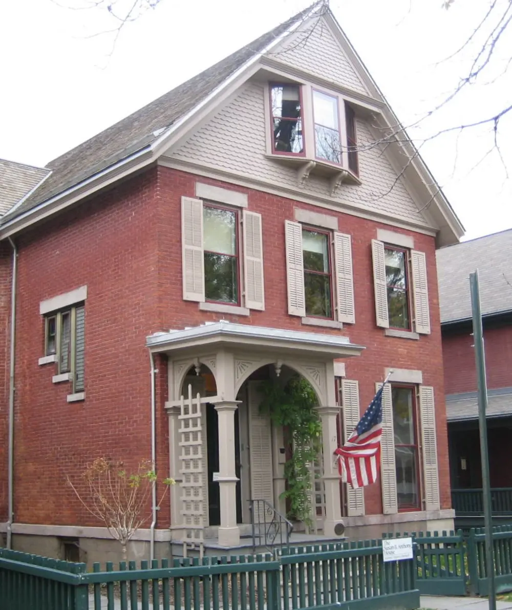 Brick exterior of the National Susan B. Anthony Museum & House in Rochester, New York.