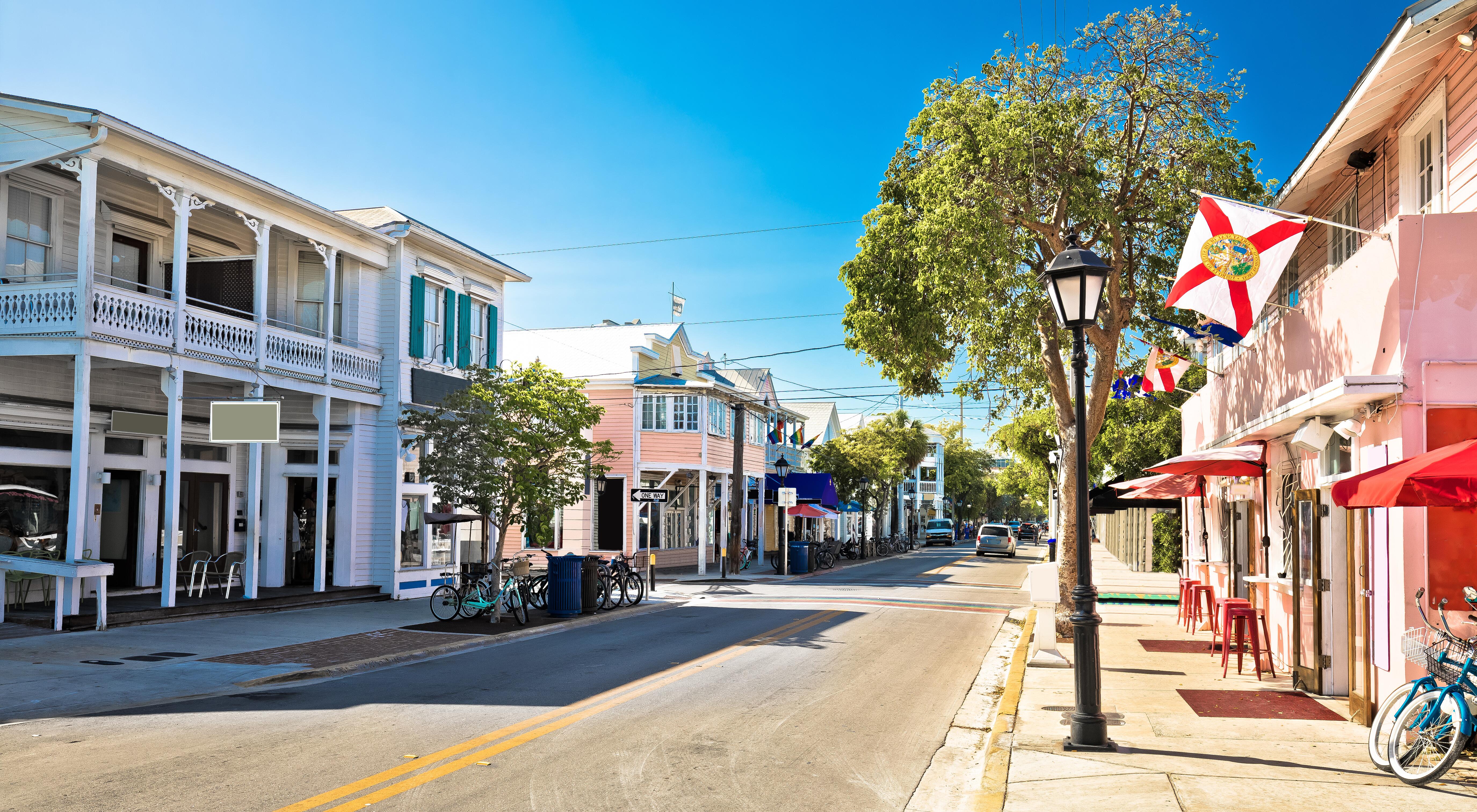 Key West famous Duval street panoramic view, south Florida Keys, United states of America.