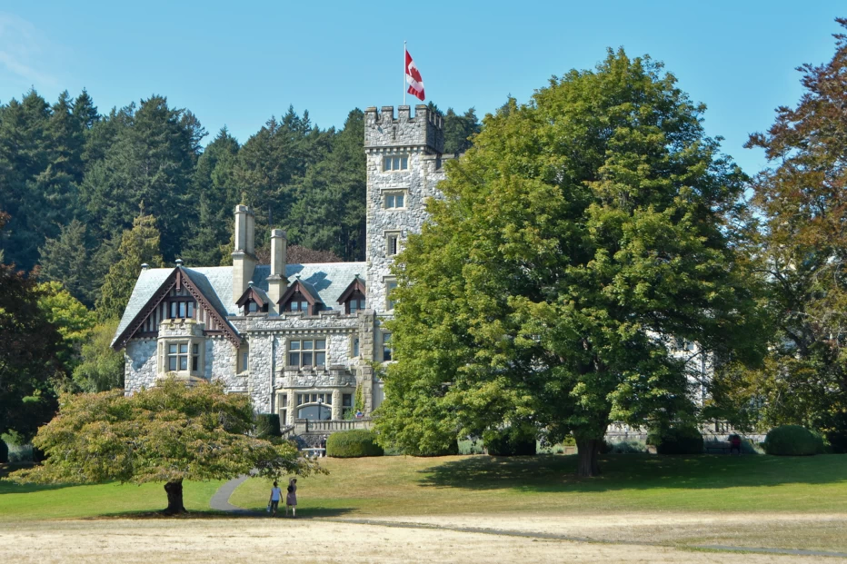 Hatley Castle from a distance at Hatley Park National Historic Site in Colwood, British Columbia.