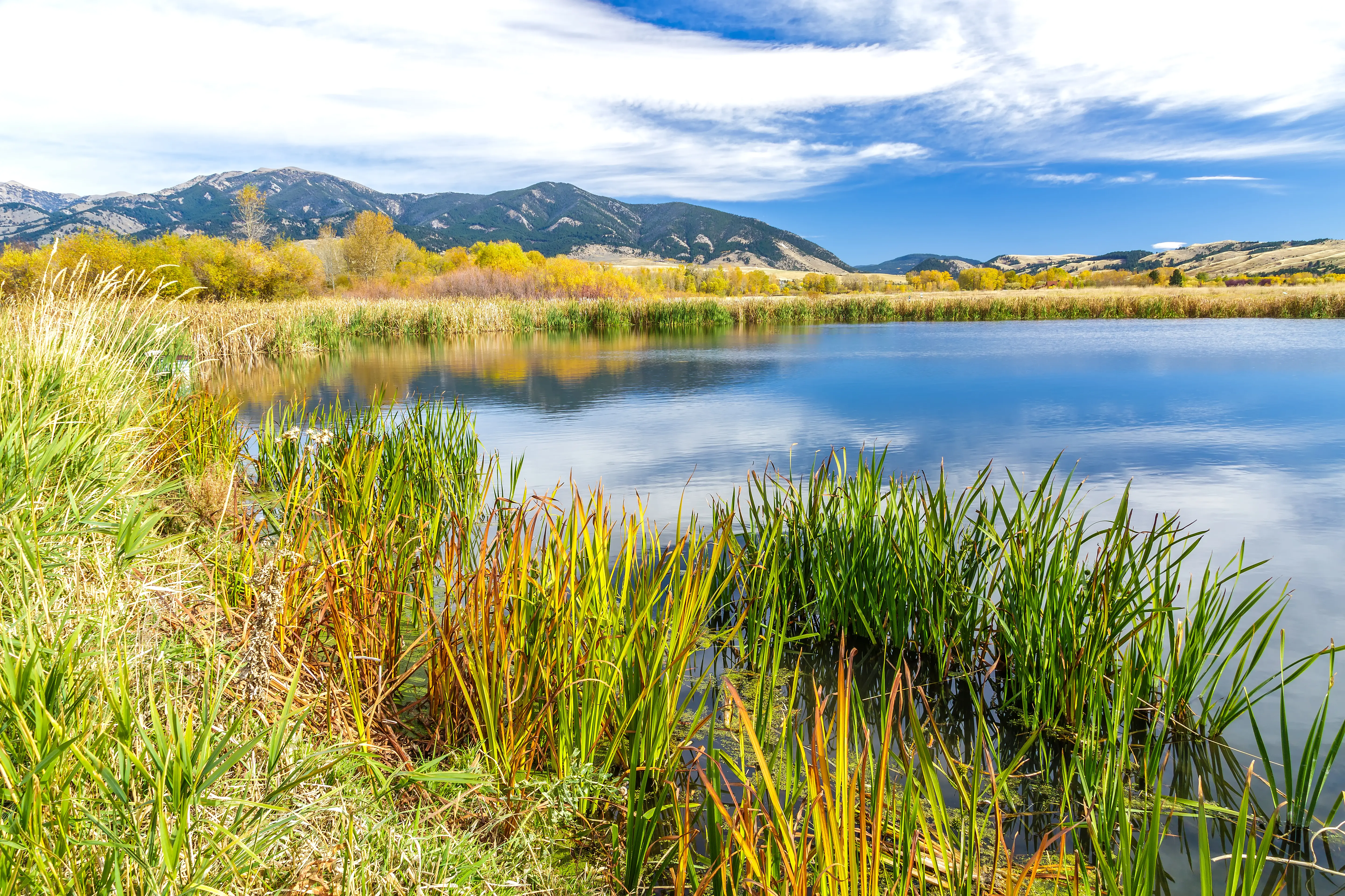 A beautiful reservoir in autumn fields at the foot of the Bridger mountain range in Cherry Creek Nature Preserve on the outskirts of Bozeman, Montana