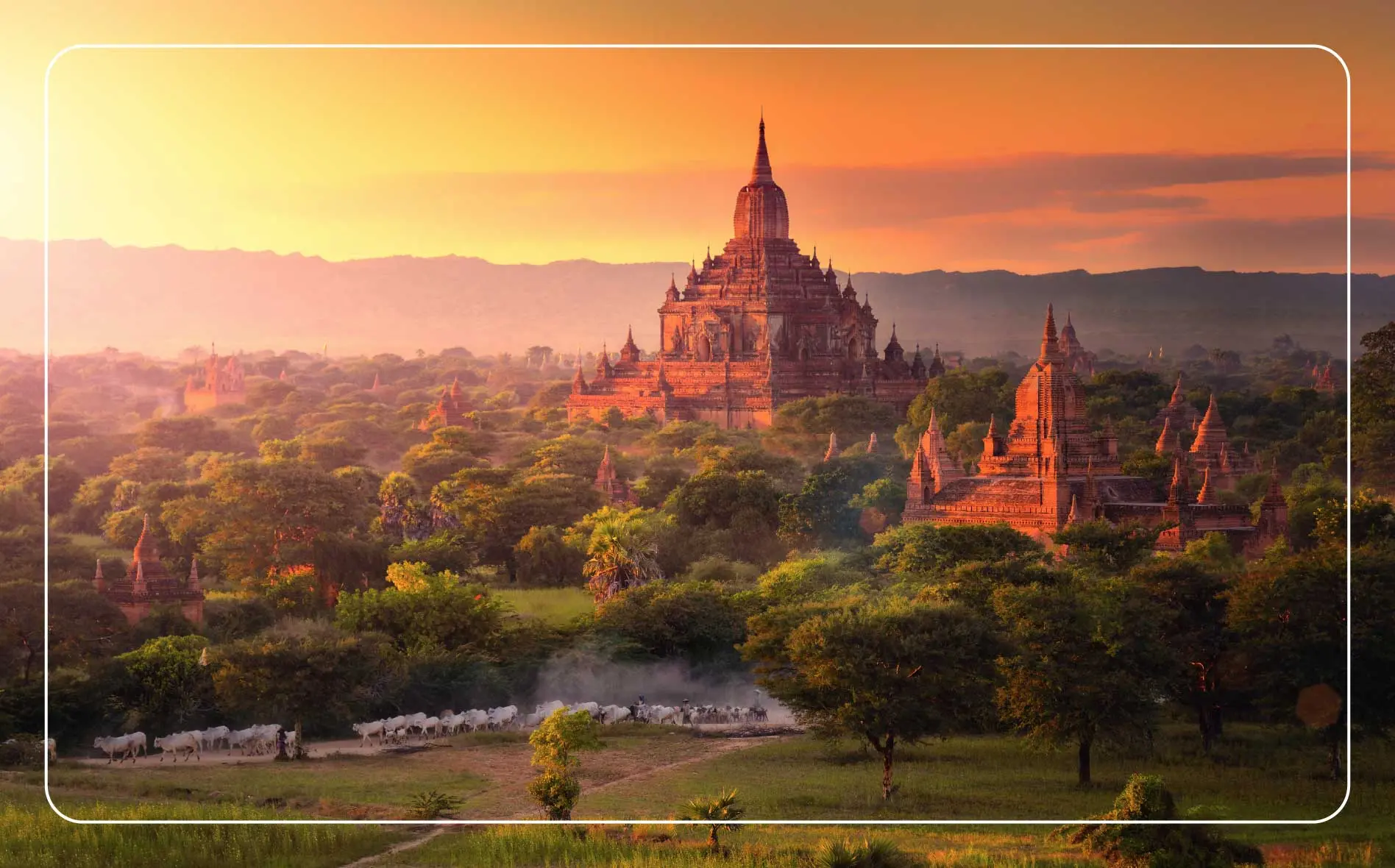 Ancient pagoda temple landscape in the plain of Bagan, Myanmar at sunset.
