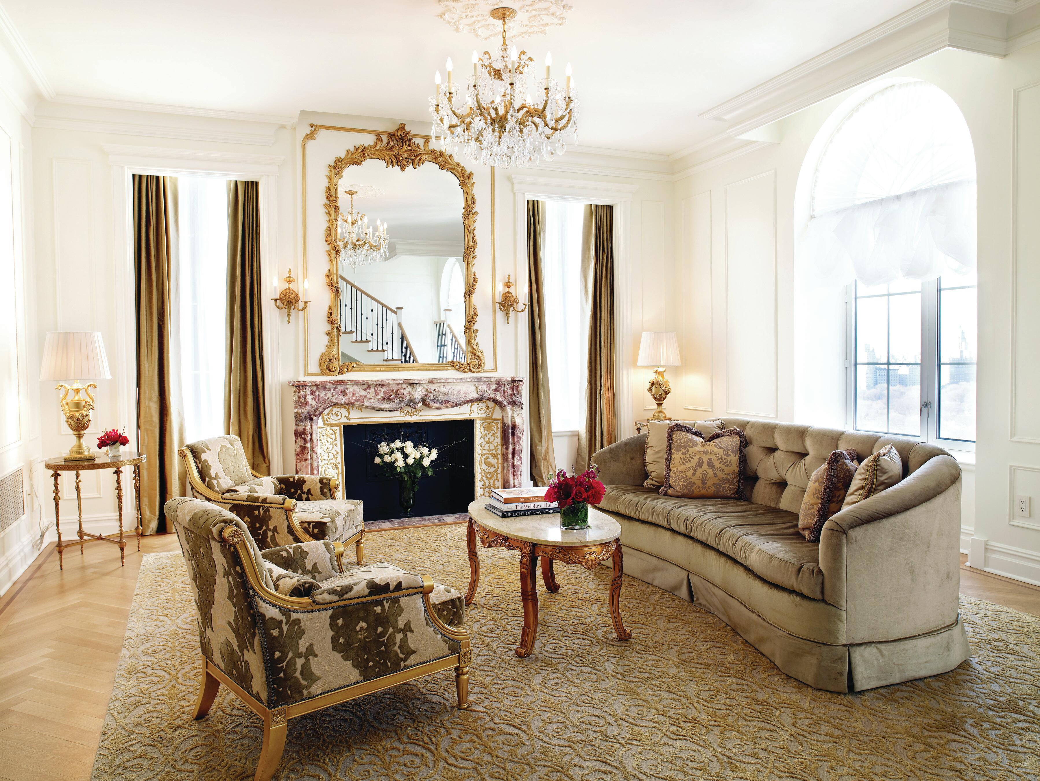 The fireplace and formal sitting area in the Royal Suite at The Plaza Hotel in New York.