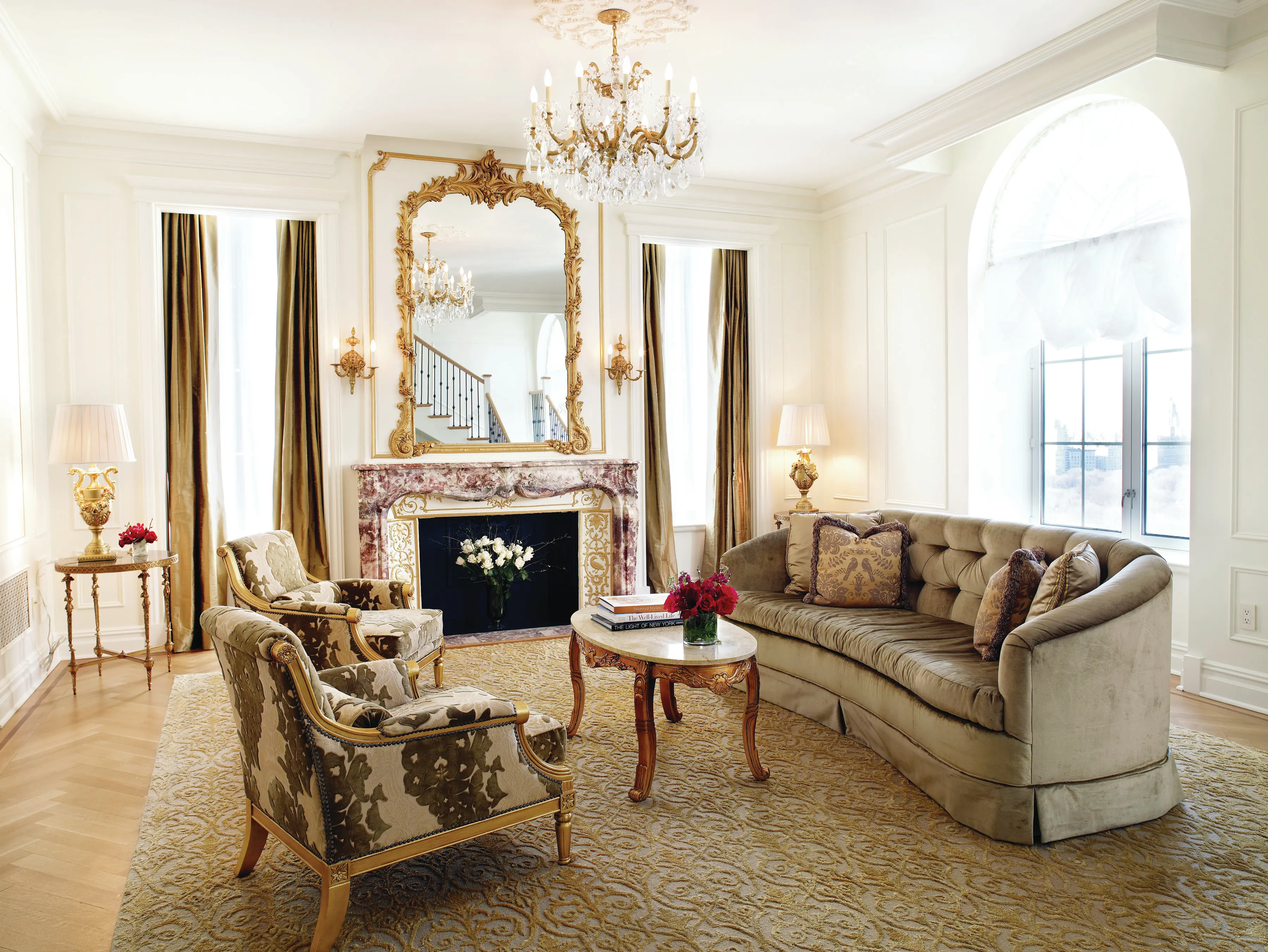 The fireplace and formal sitting area in the Royal Suite at The Plaza Hotel in New York.