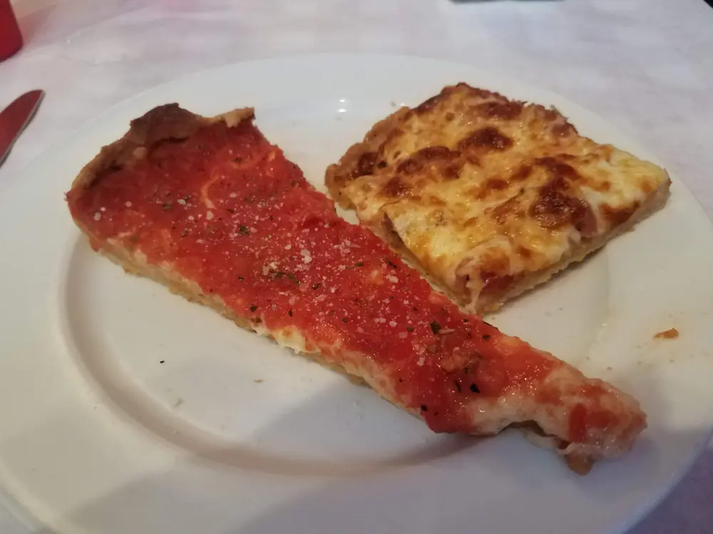 Pizza samples at Pizano's Pizza & Pasta during the Famous Tastes of Chicago walking tour.