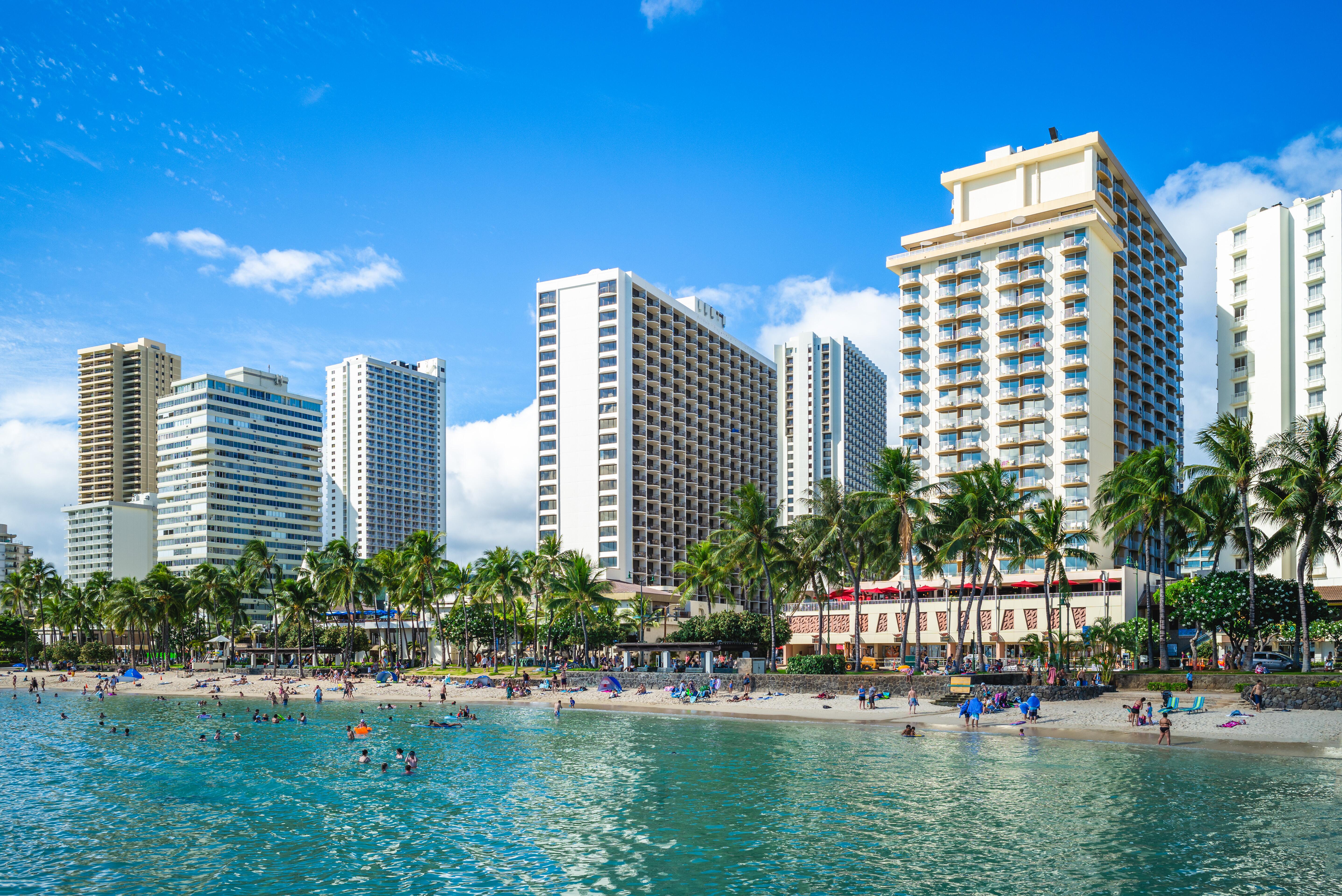 View of Waikiki beach shoreline and hotels