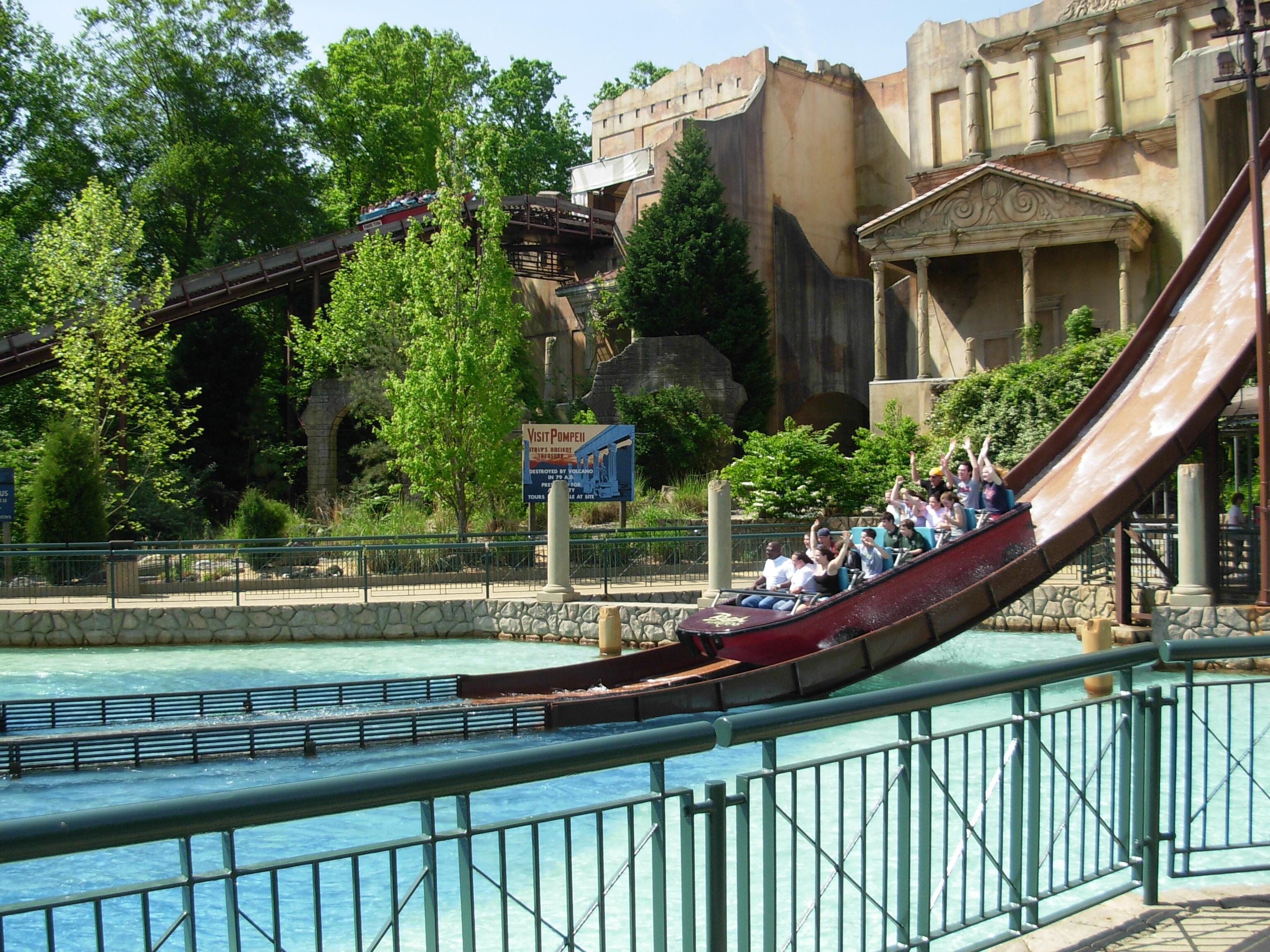 Image of the Escape from Pompeii water coaster ride at Busch Gardens Williamsburg.