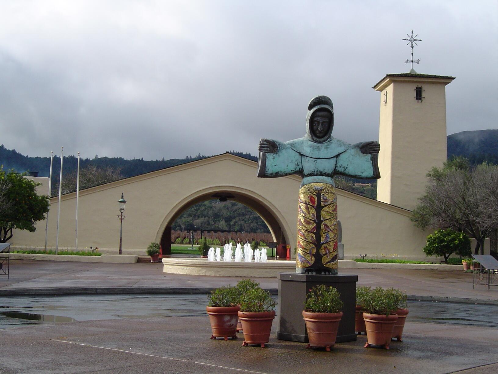 Image of the front entrance to the Robert Mondavi Winery in Oakville, California.