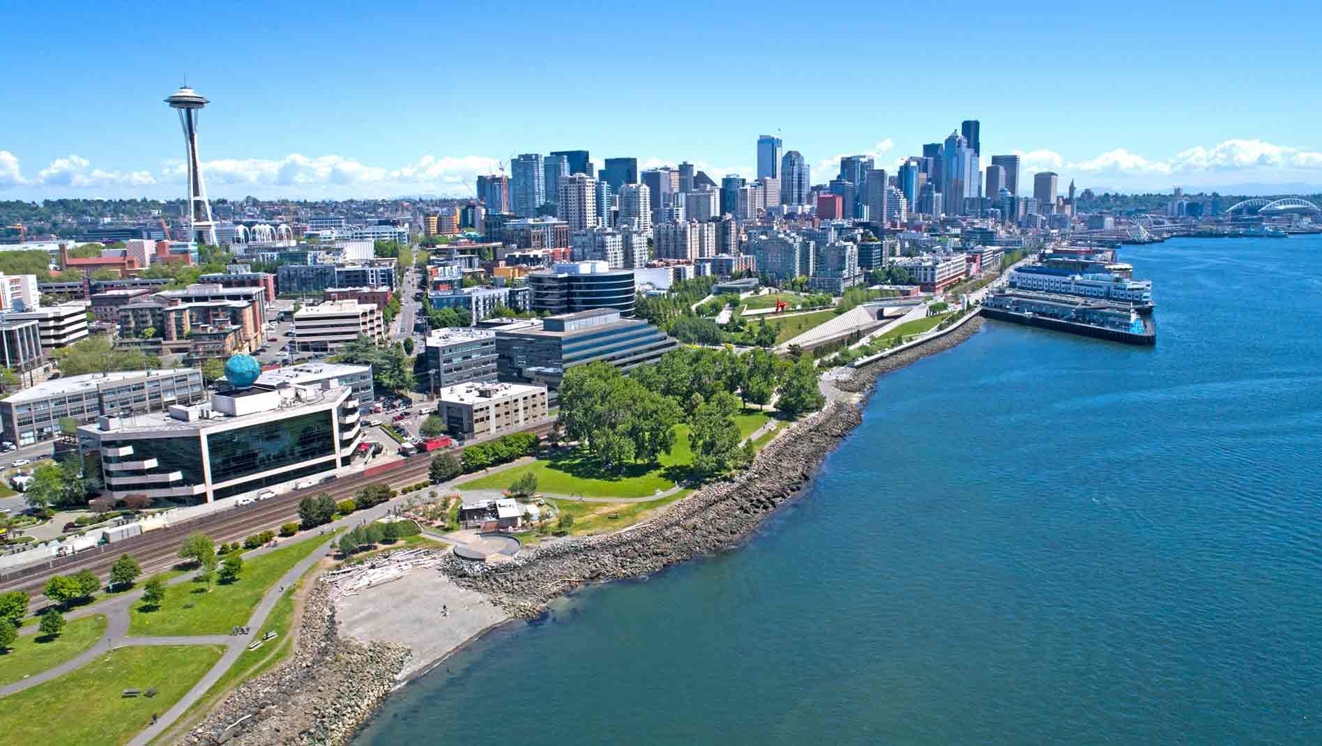 Aerial view of the Seattle Waterfront, a popular thing to do in Seattle.