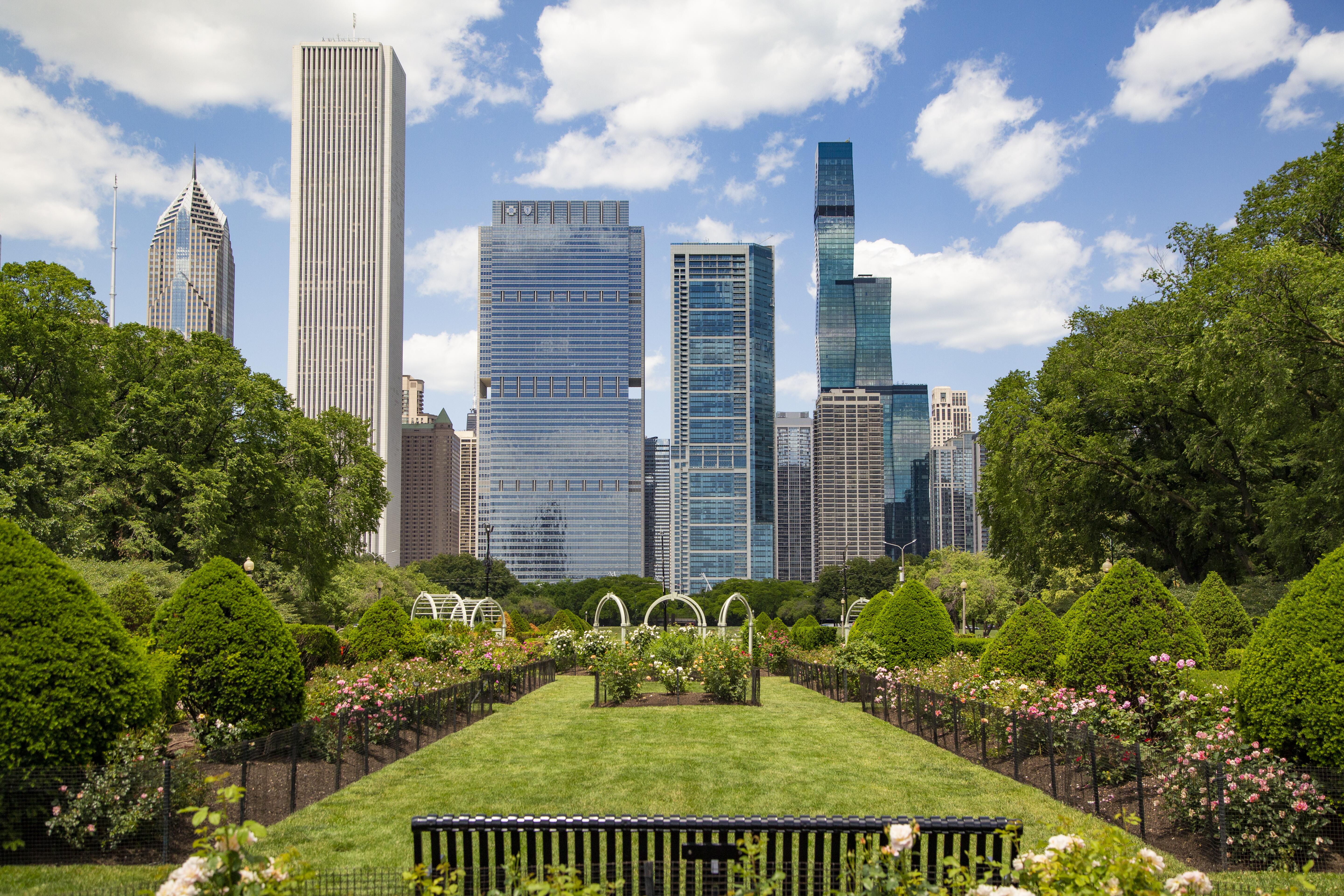 Image of Grant Park and the surrounding Chicago skyline.
