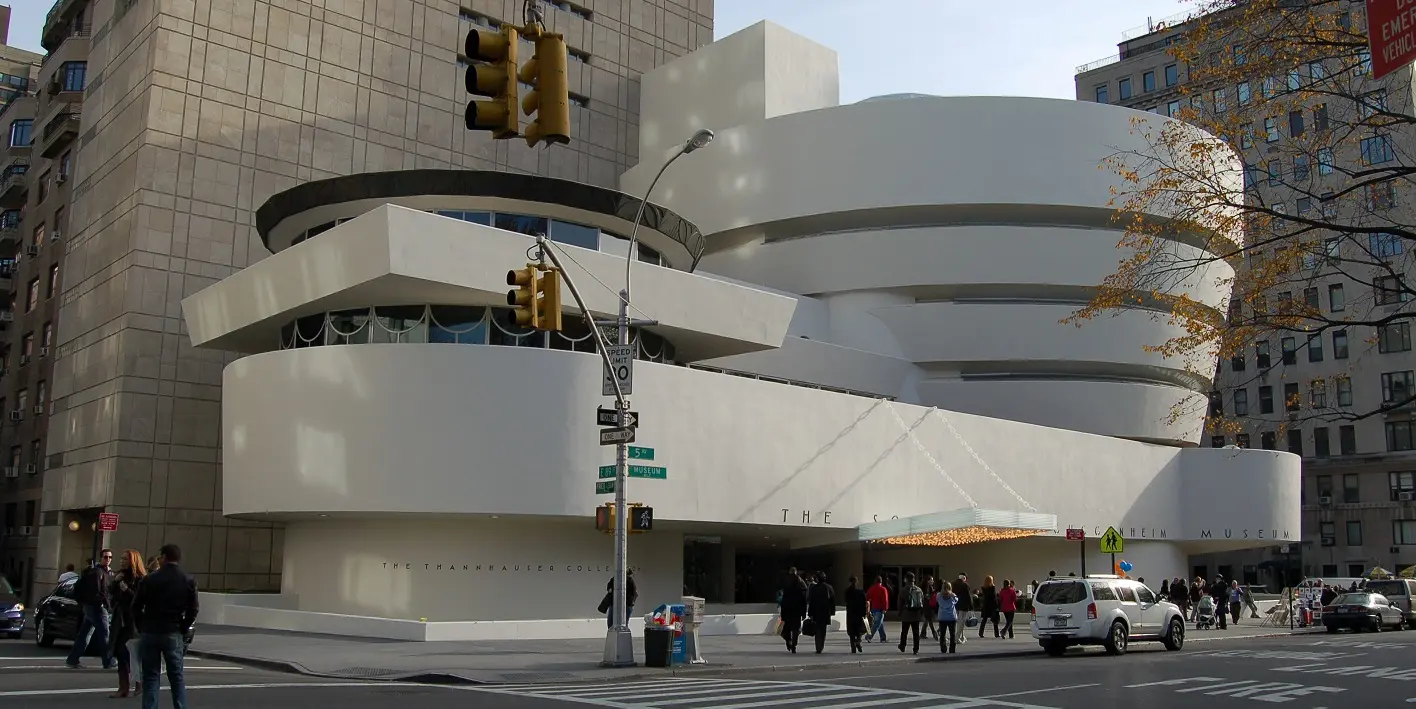 Exterior image of the Guggenheim Museum in New York City.
