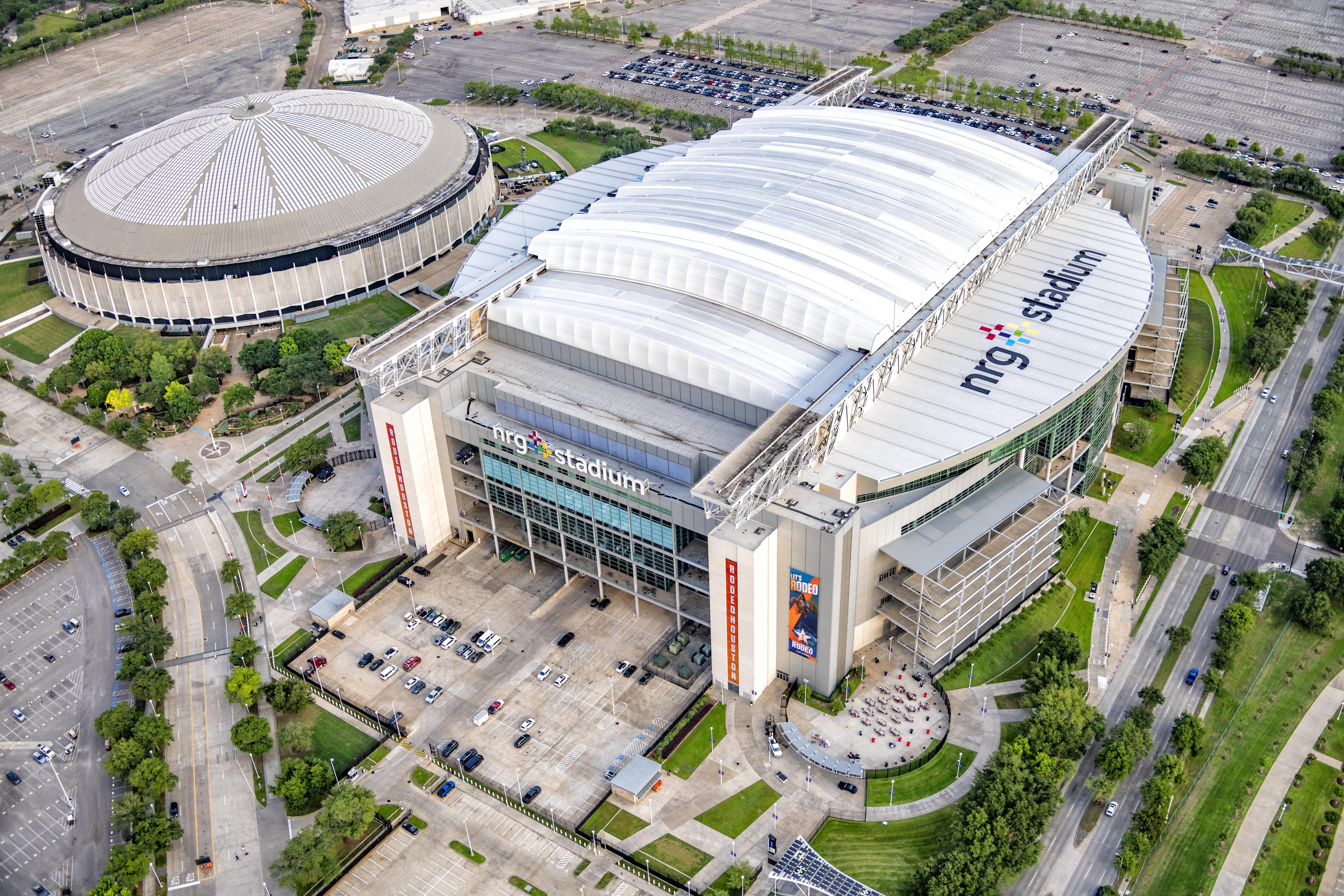 Exterior aerial image of NRG Stadium, in Houston Texas.
