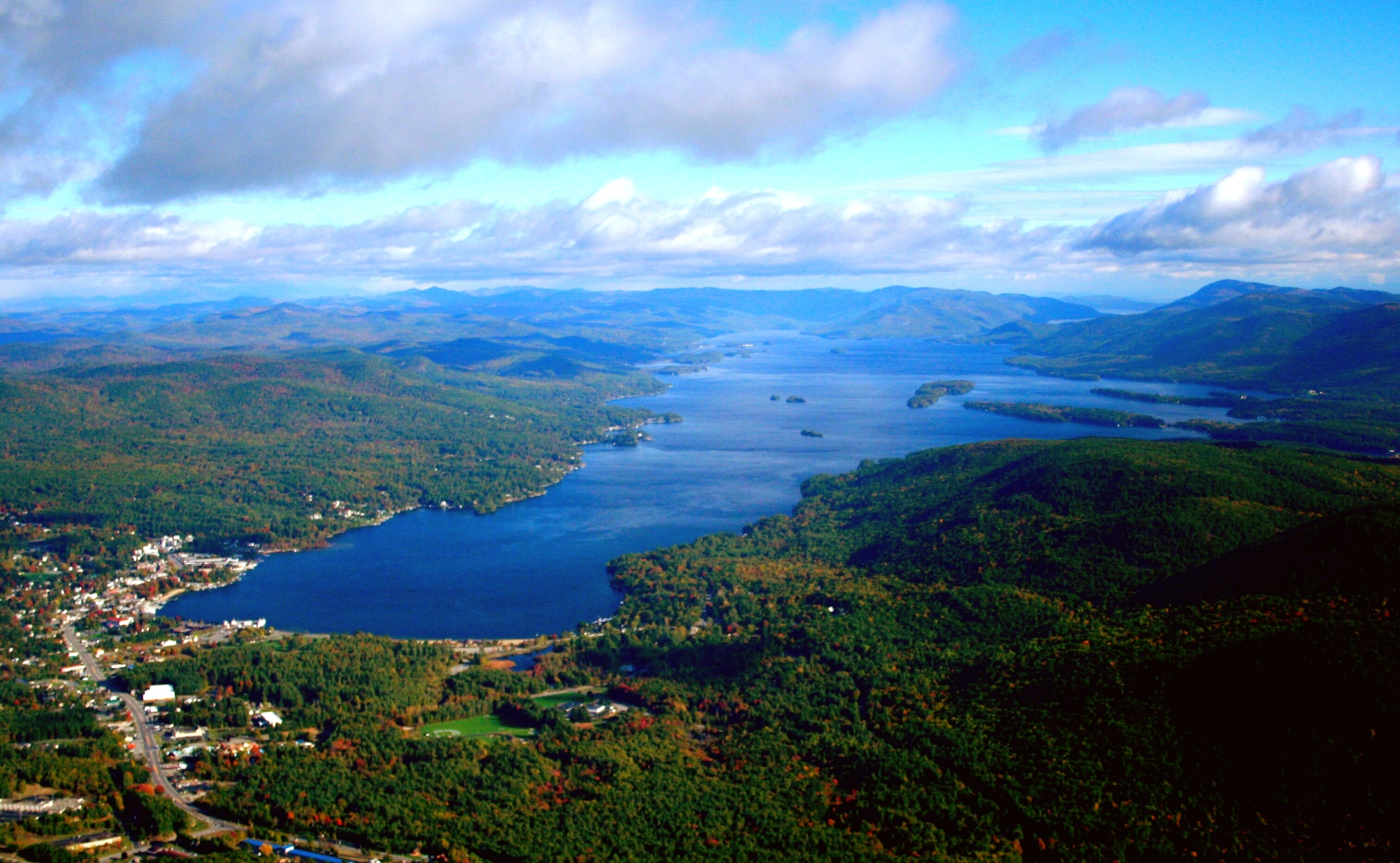 Aerial image of Lake George and its surrounding wilderness landscape.