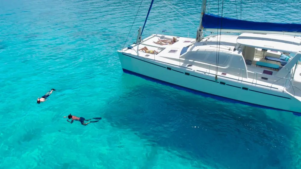 Catamaran in caribbean blue water