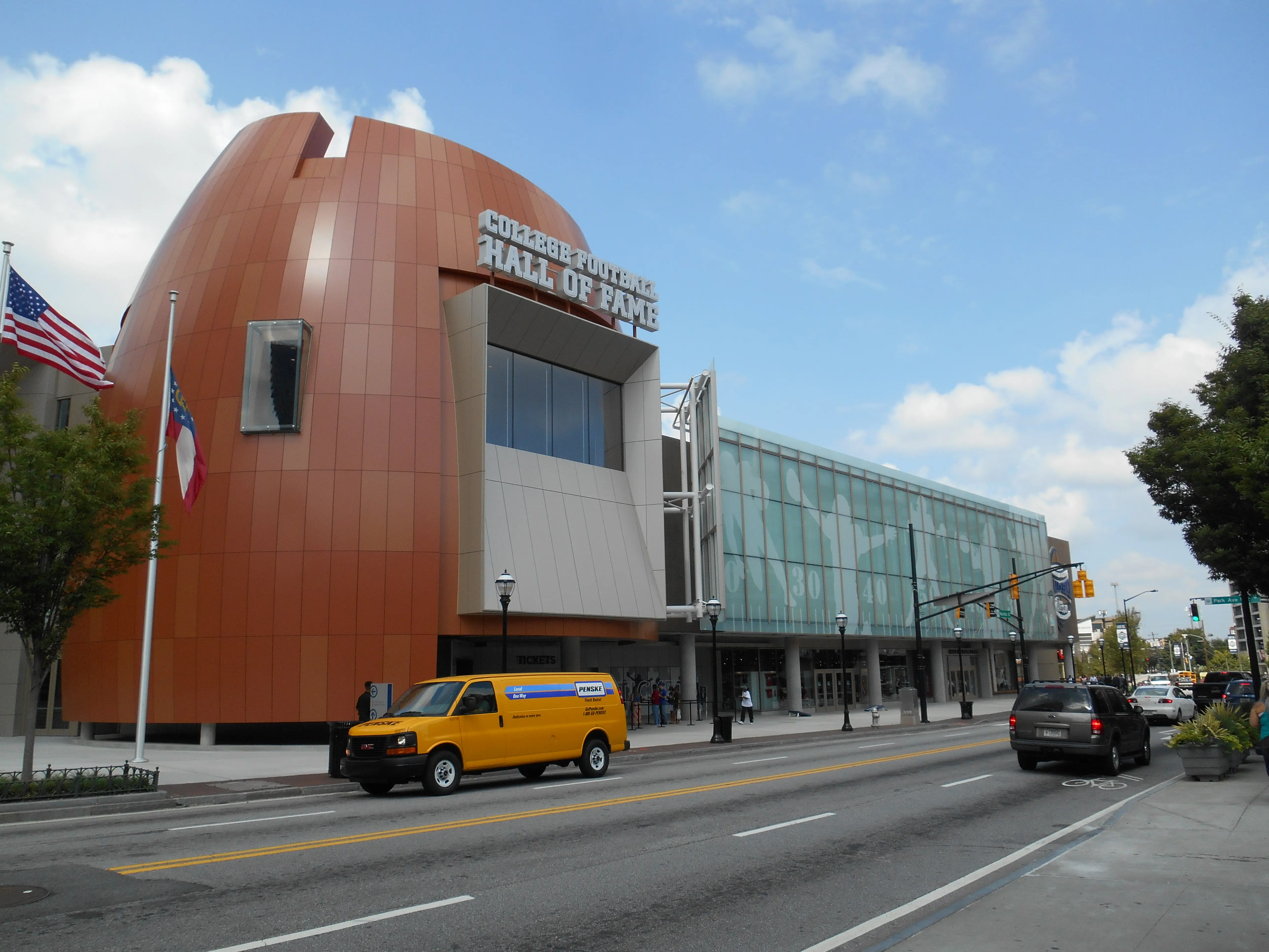 Exterior image of the College Football Hall of Fame in Atlanta, Georgia.