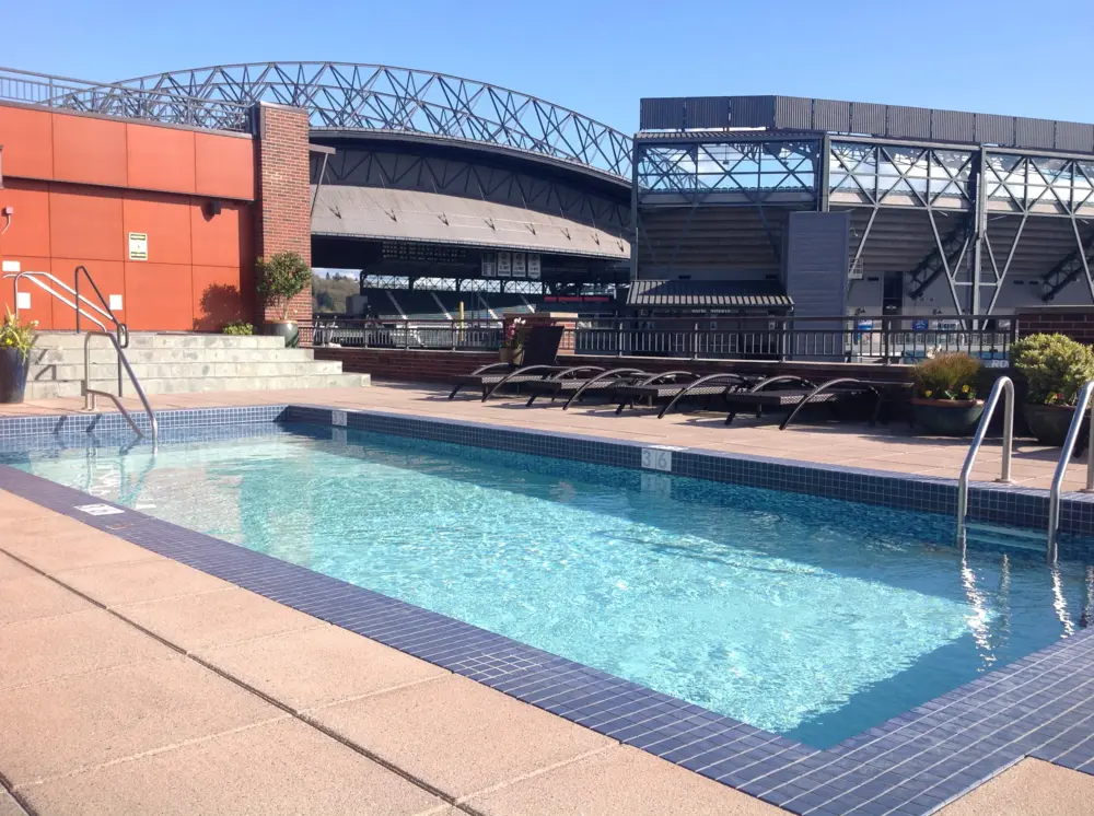 Roof top, water, sparkle, view, stadium, outdoors
