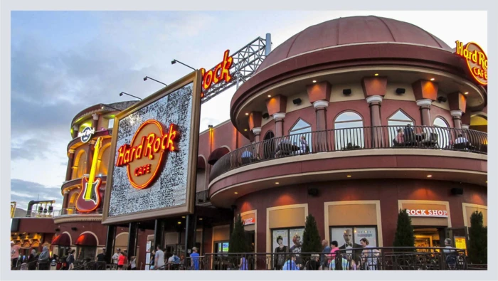 A photo shows the outside of a Hard Rock Cafe restaurant. 