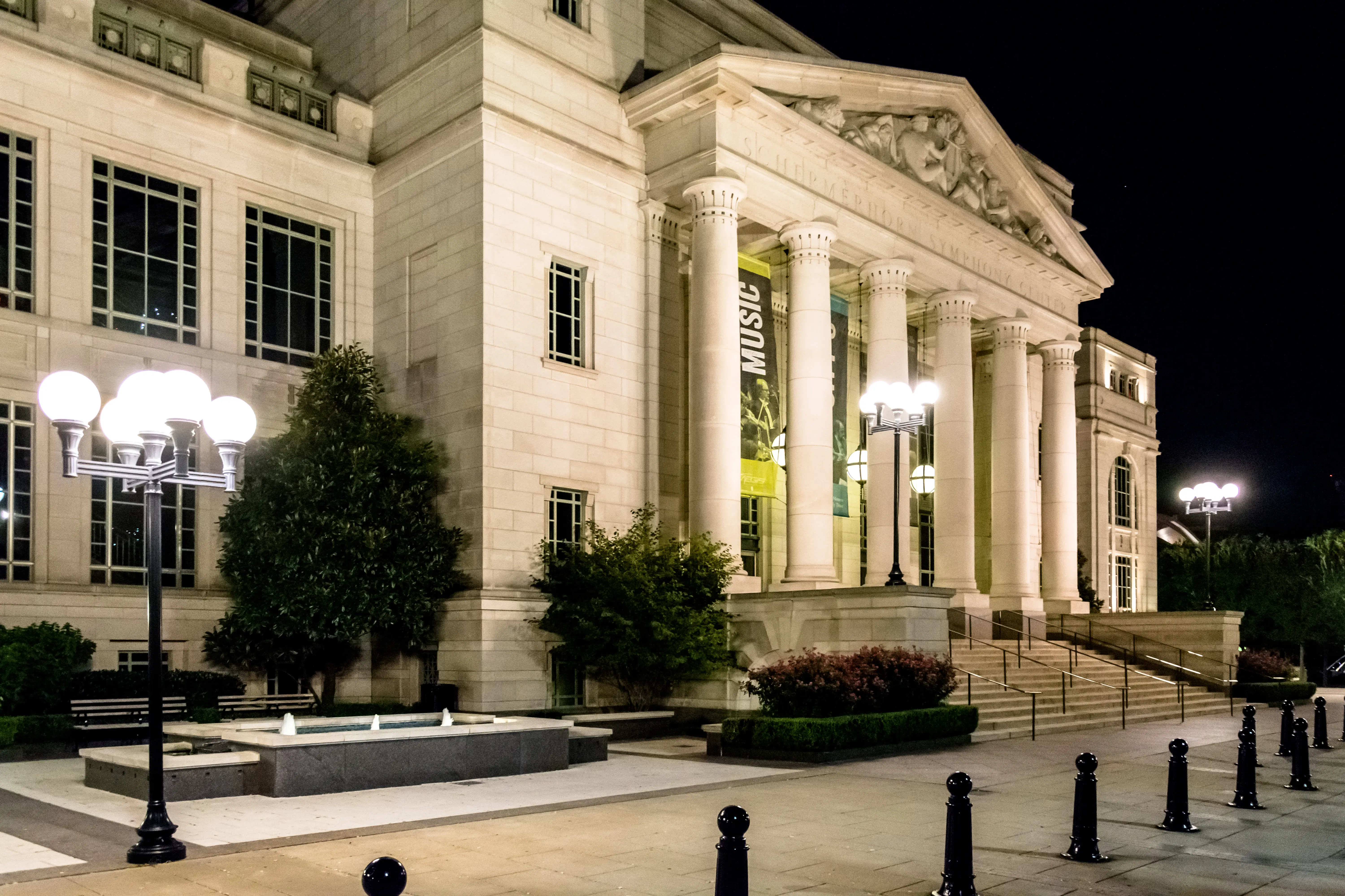 An exterior shot of Schermerhorn Symphony Center at night.