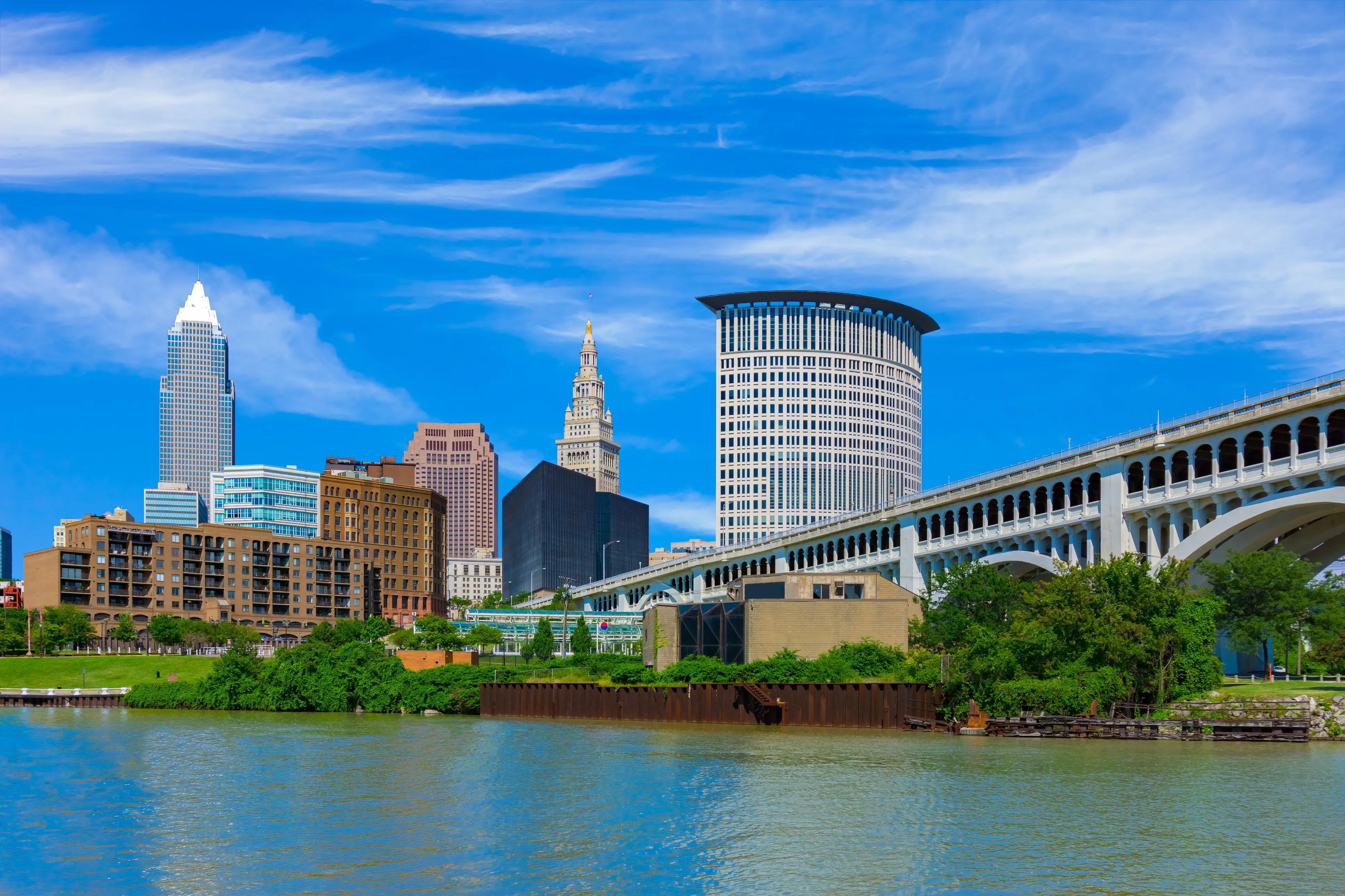 Cleveland skyline along lake Erie in Ohio