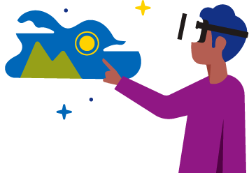 Person wearing a virtual reality headset to virtually travel to a place with green mountains and blue sky.