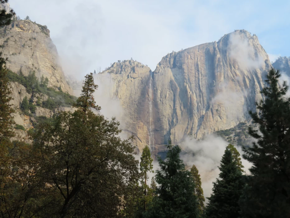 waterfall, forest, trees, Yosemite Valley, cliffs, Yosemite Point, morning mist