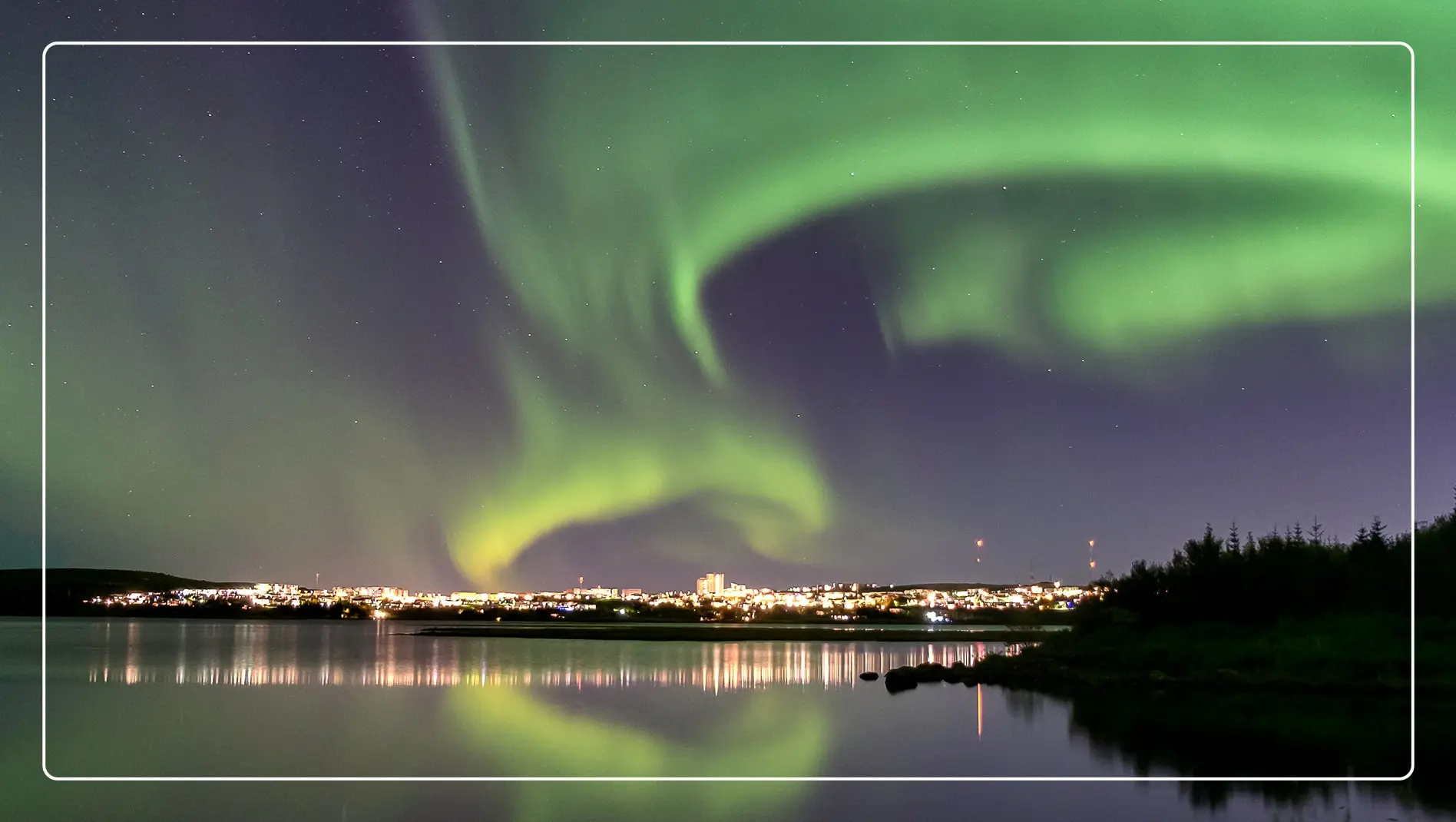 The Northern Lights in Reykjavík, Iceland.