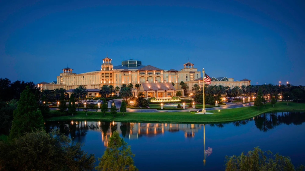 Gaylord Palms Resort and Convention Center exterior at night.