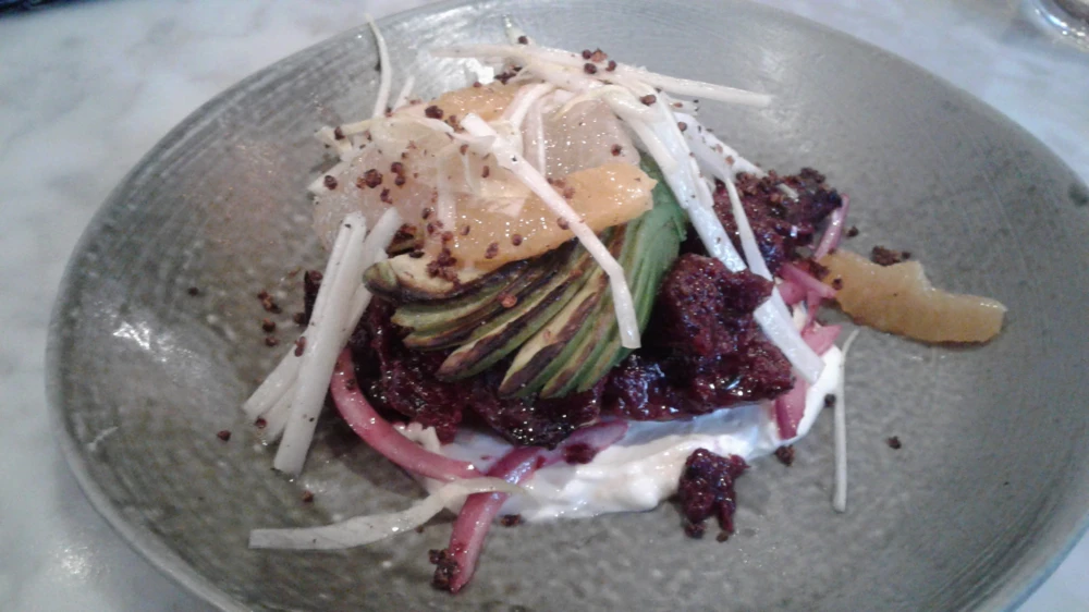 Salad, roasted beets, grilled avocado, yogurt, citrus