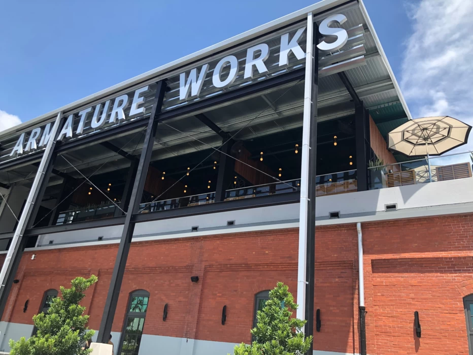 Heights Public Market - Armature Works is in Tampa Heights and adjacent to the Hillsborough River. A former warehouse, it now includes food vendors and shopping opportunities.
