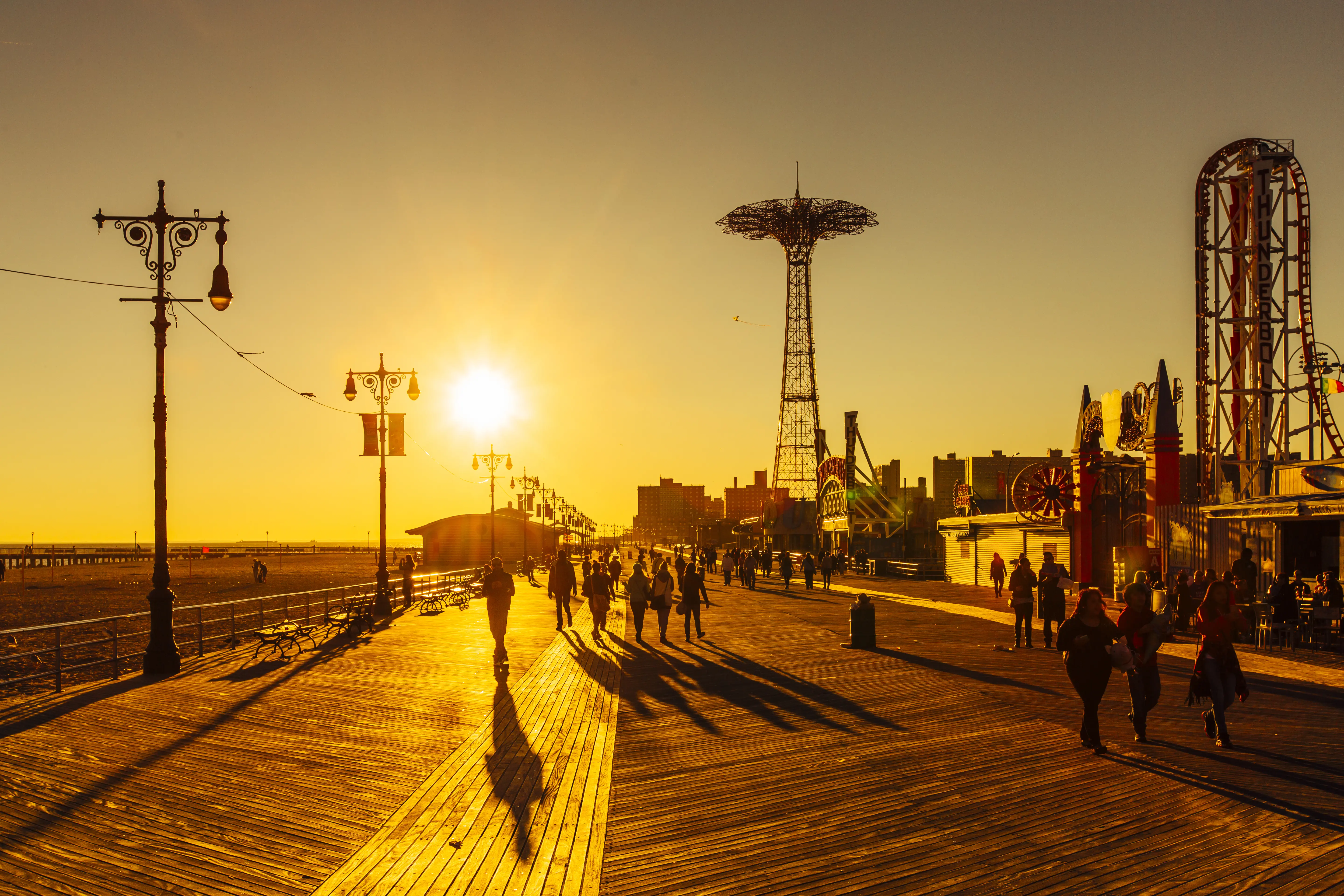 Image of the Coney Island Boardwalk at sunset, Brighton Beach, Brooklyn, New York City, NY.